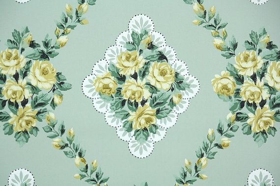 S Vintage Wallpaper Floral With Yellow Roses On Green