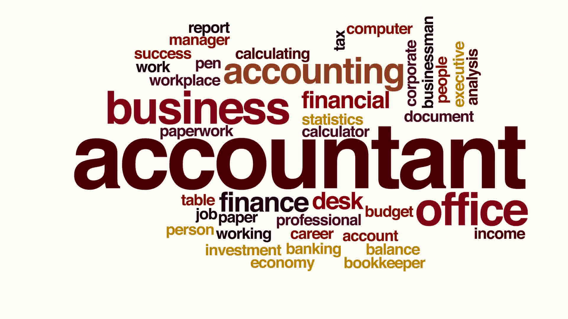 Word cloud highlighting key terms related to accounting, including accountant, business, finance, office, and more