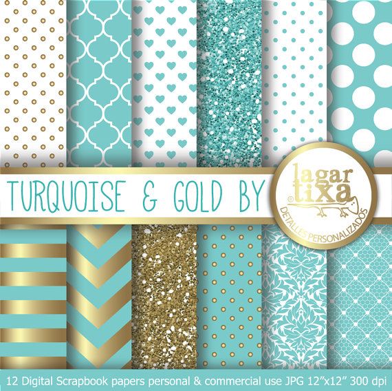 Turquoise Gold Digital Paper Background Teal By Lagartixashop