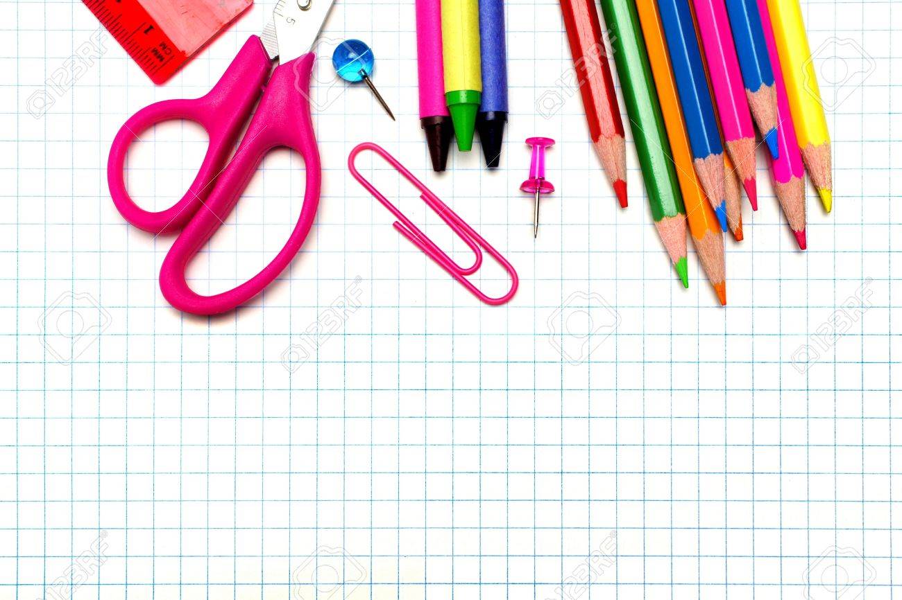Colorful School Supplies Border Over Graphing Paper Background