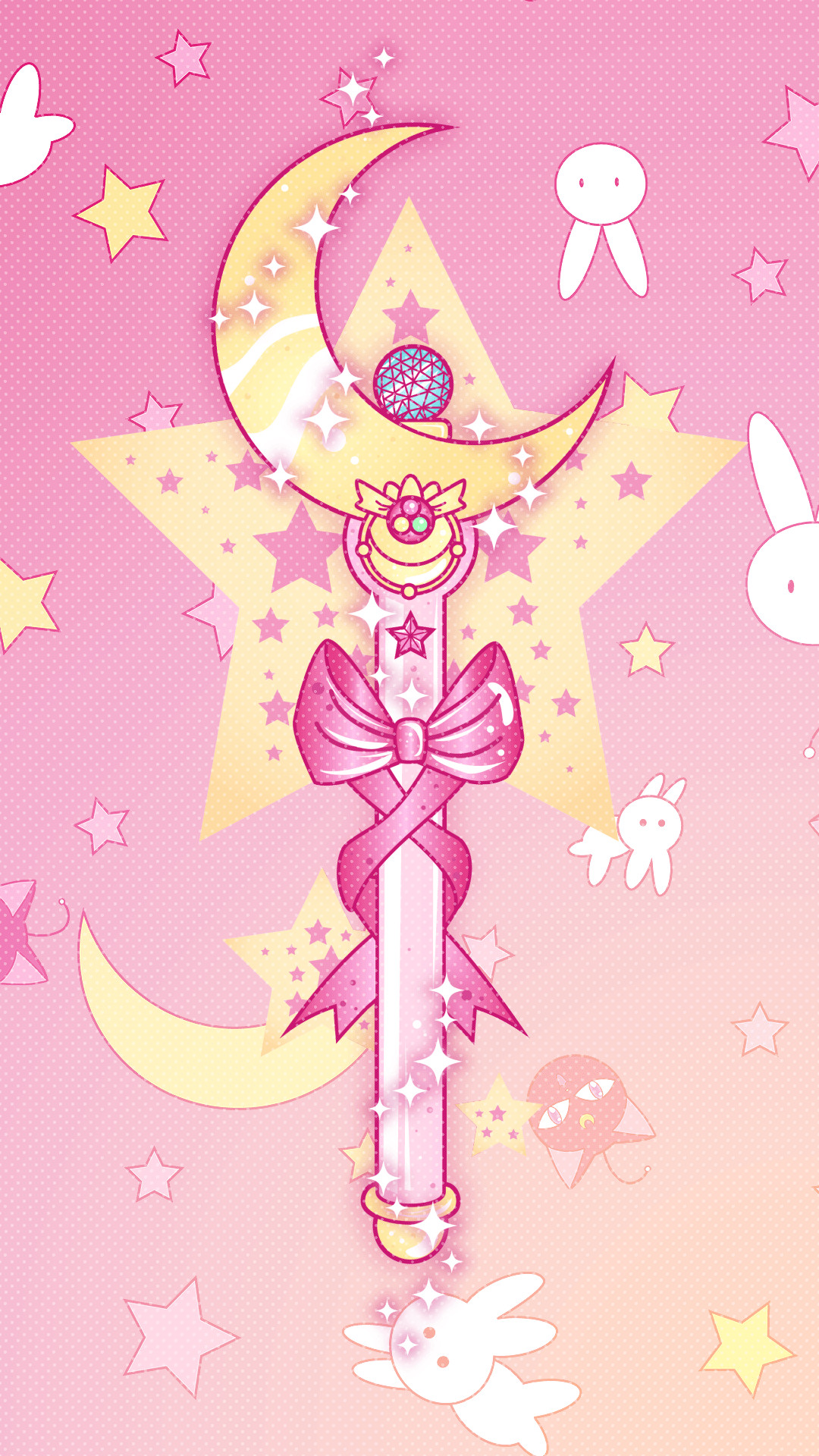 A whimsical, pastel-pink illustration of Sailor Moon's Moon Stick, adorned with a crescent moon, a sparkling gem, and a flowing pink ribbon, set against a backdrop of stars and Luna the cat