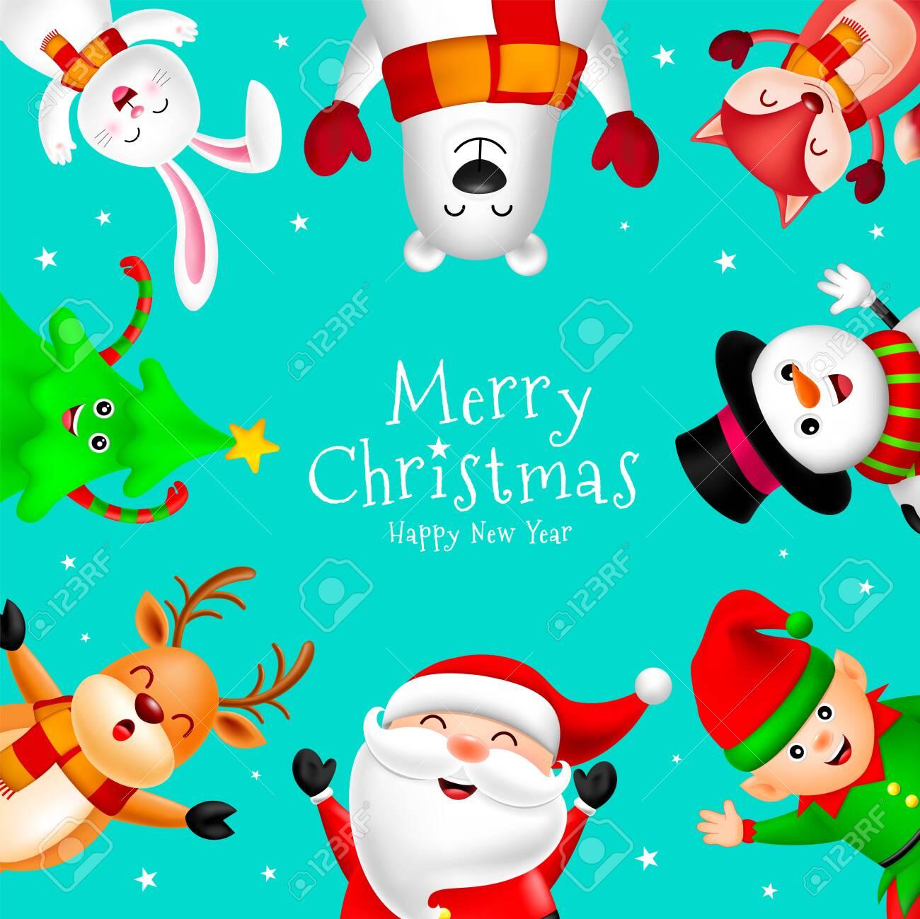 Cute Cartoon Christmas Characters Frame Santa Claus Snowman
