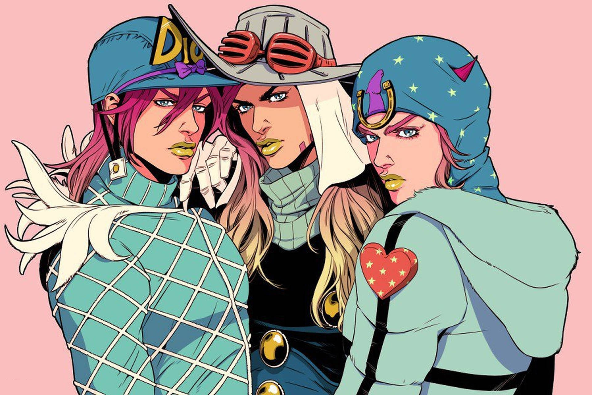 Three characters from JoJo's Bizarre Adventure, possibly fan art, posing against a pink background