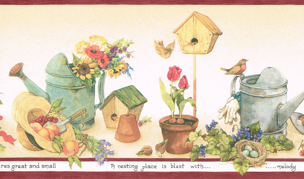 Country Gardening Flowers Watering Cans Bird Houses Wallpaper Border