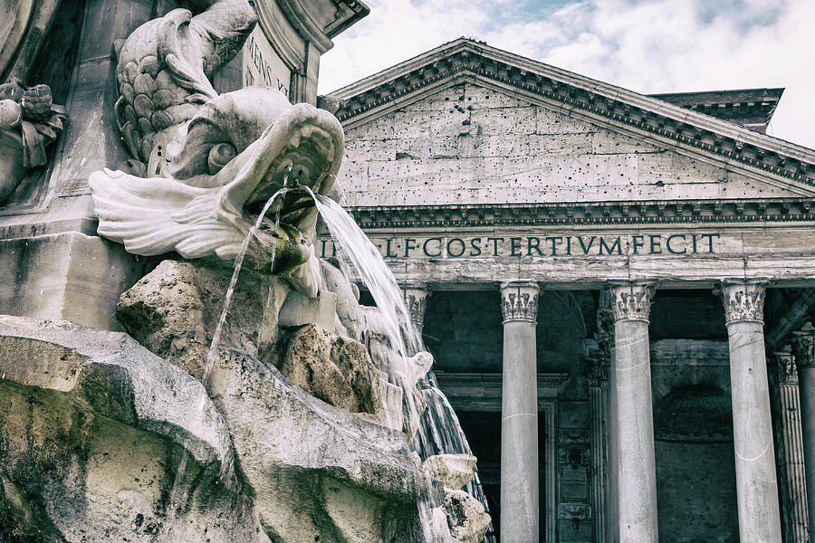 Fountain With The Pantheon In Background Closeup Rome Ital