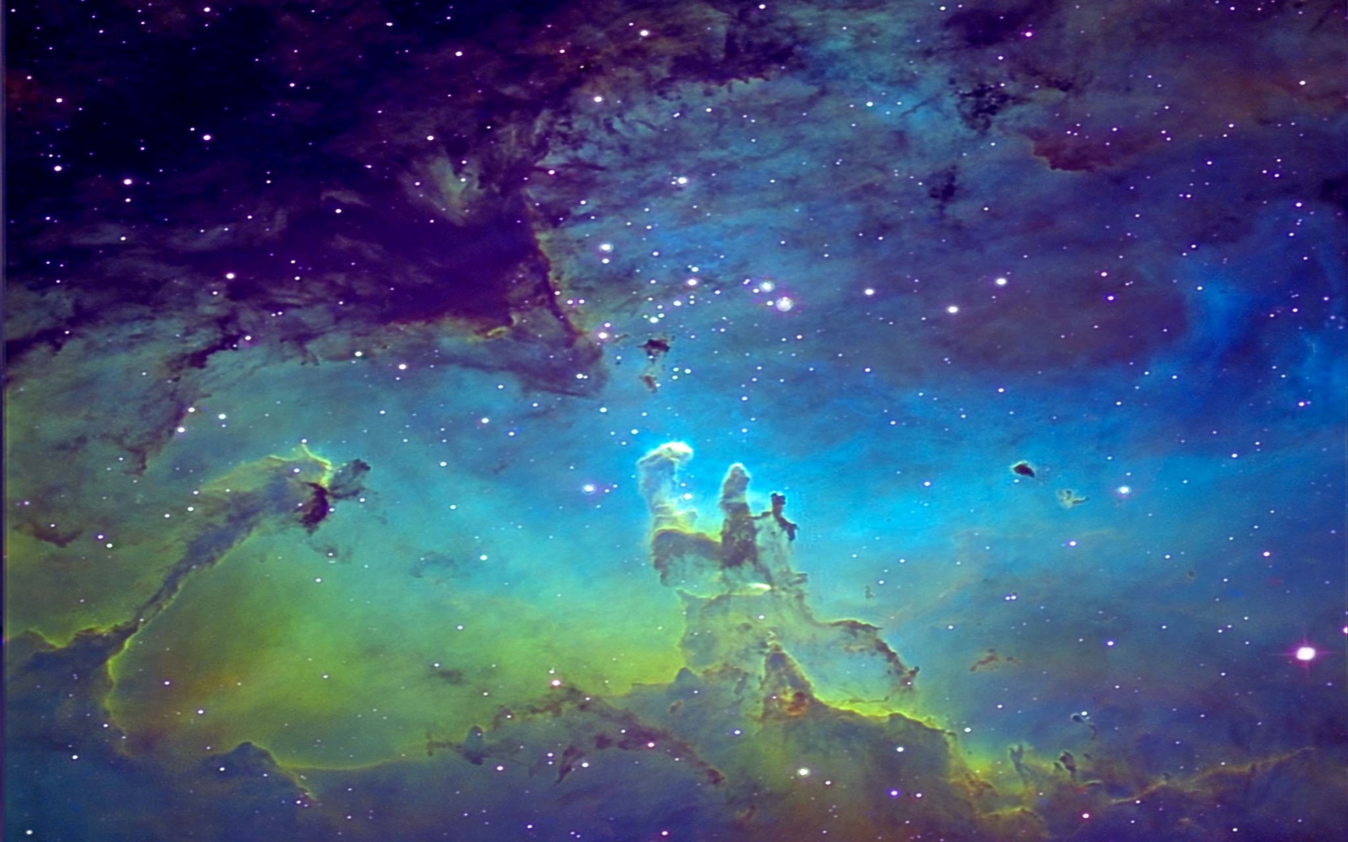 A breathtaking view of the Pillars of Creation in the Eagle Nebula, showcasing vibrant colors and intricate cosmic dust structures