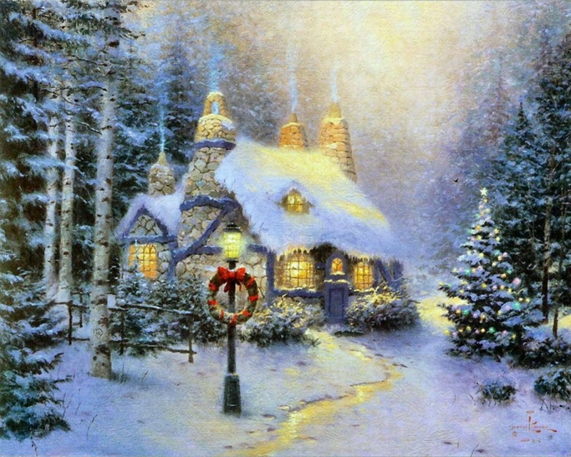 Winter Christmas Thomas Kinkade Cottage Wallpaper Holidays