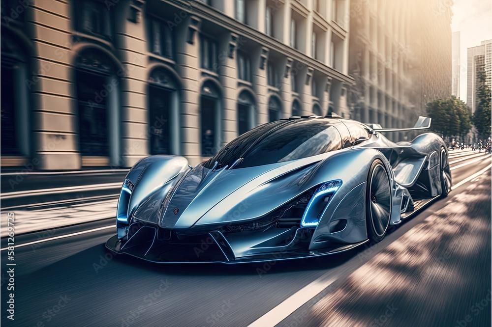 Silver Blue Futuristic Hypercar Rushes Through The City At Speed
