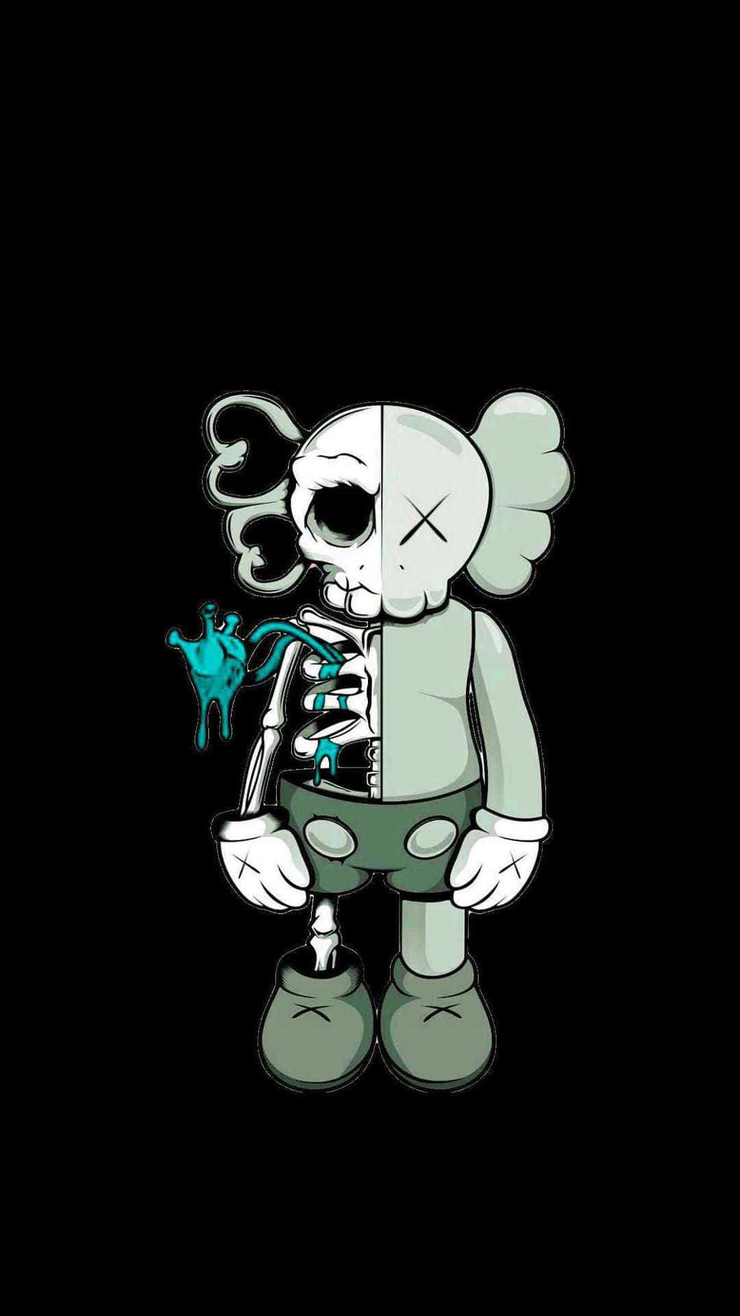 A split-view illustration of Kaws' Companion figure, showcasing its external form alongside its skeletal interior. One half of the Companion reveals the bone structure, complete with ribs, skull, and a stylized, melting heart in turquoise. The other half displays the classic Companion aesthetic, with its signature X'd out eyes, large ears, and rounded body. The monochrome palette adds to the piece's dark, intriguing quality, juxtaposing the character's playful design with macabre imagery
