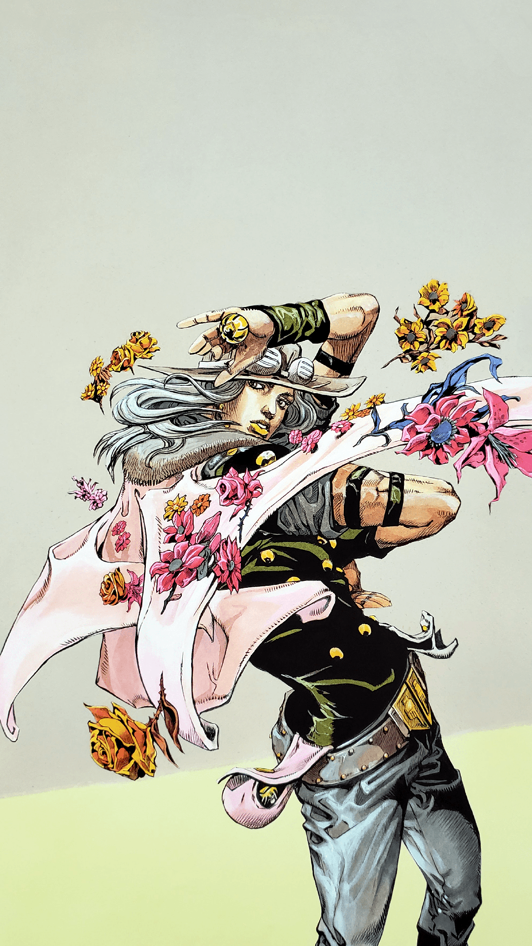 Gyro Zeppeli from JoJo's Bizarre Adventure: Steel Ball Run, striking a dynamic pose amidst a flurry of colorful flowers