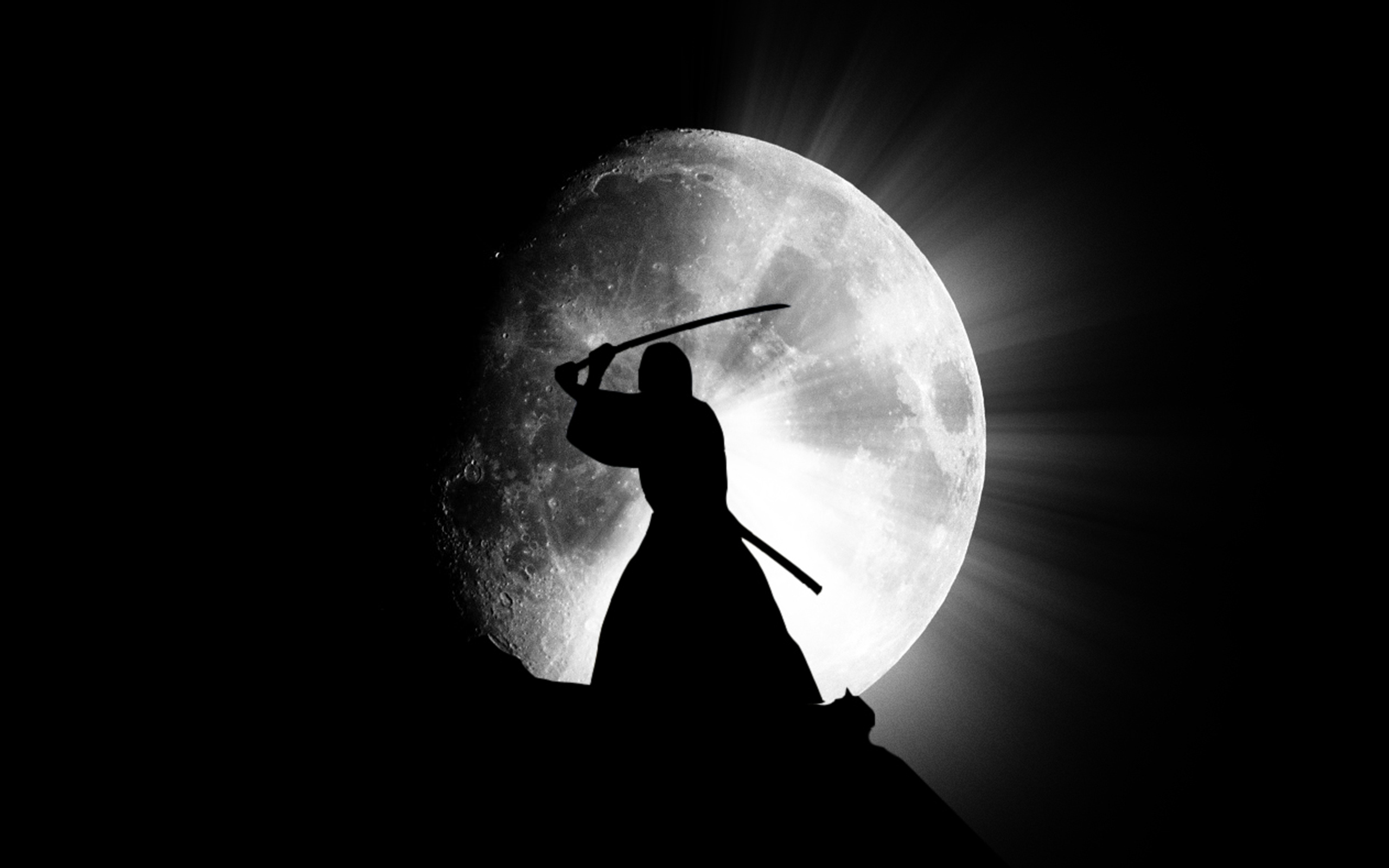 Silhouette of a samurai wielding a katana against a backdrop of a full moon