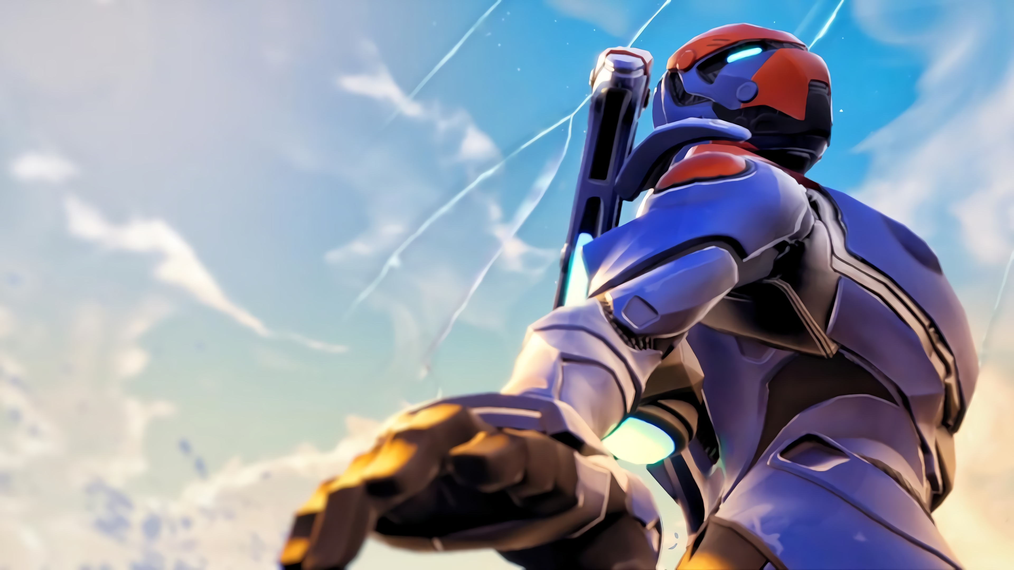 A Fortnite character in a futuristic, blue and orange suit, reaching out against a backdrop of a cloudy sky