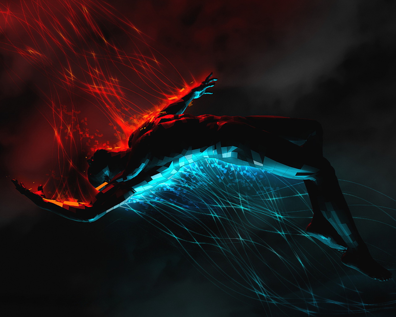 Abstract figure suspended in a dynamic interplay of red and blue energy streams, creating a sense of motion and tension