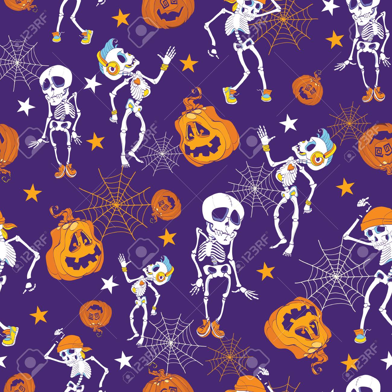 Purple Halloween Skeletons And Pumpkins Pattern Great For Spooky