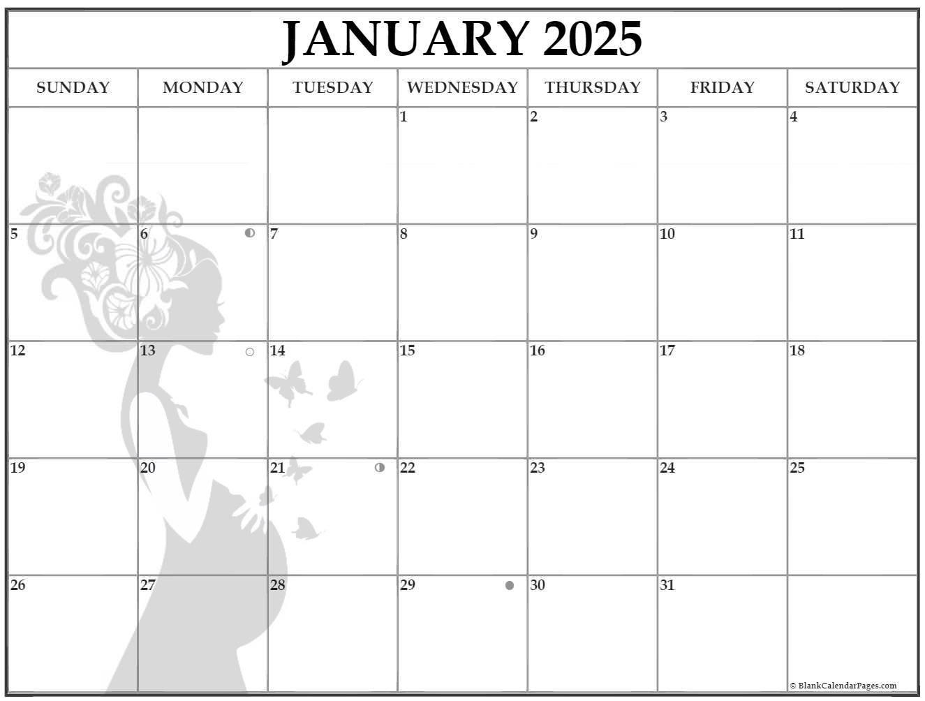 January 2025 calendar wallpaper with a silhouette of a pregnant woman and butterflies