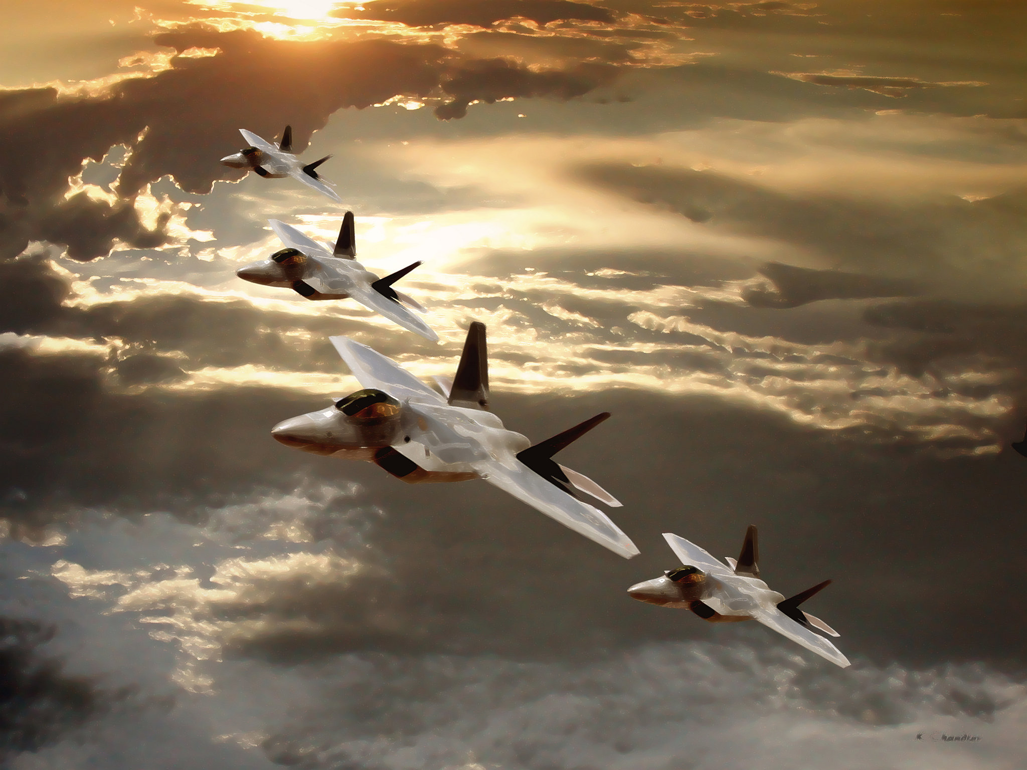 Four Gray F Raptor Bat Jet Planes In Formation Flight Golden