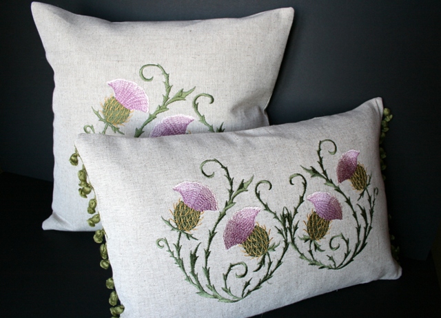 Scottish Thistle Cushion Cover Embroidered Linen Designer Bolster