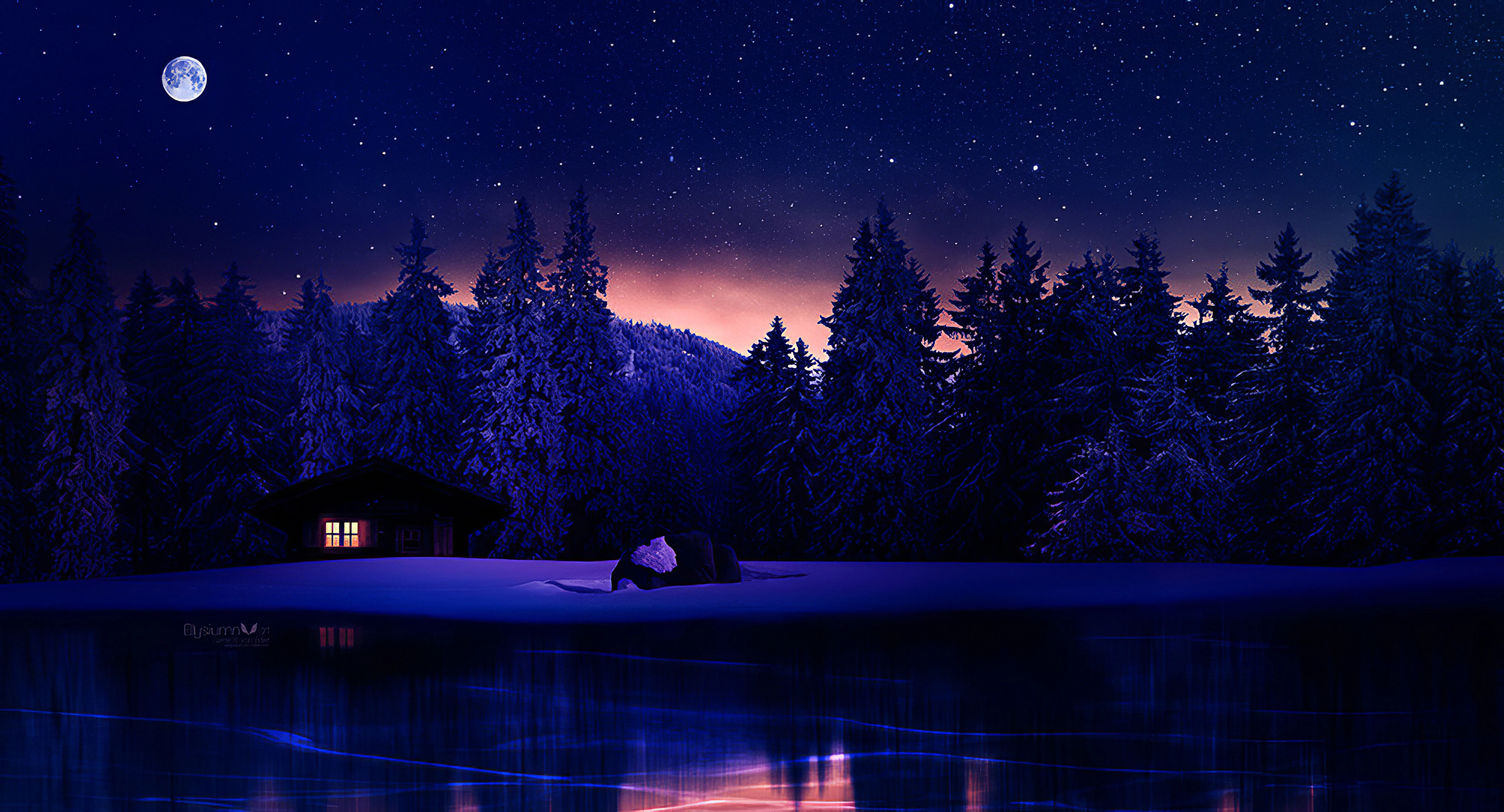 Lake Near House Winter Wallpaper