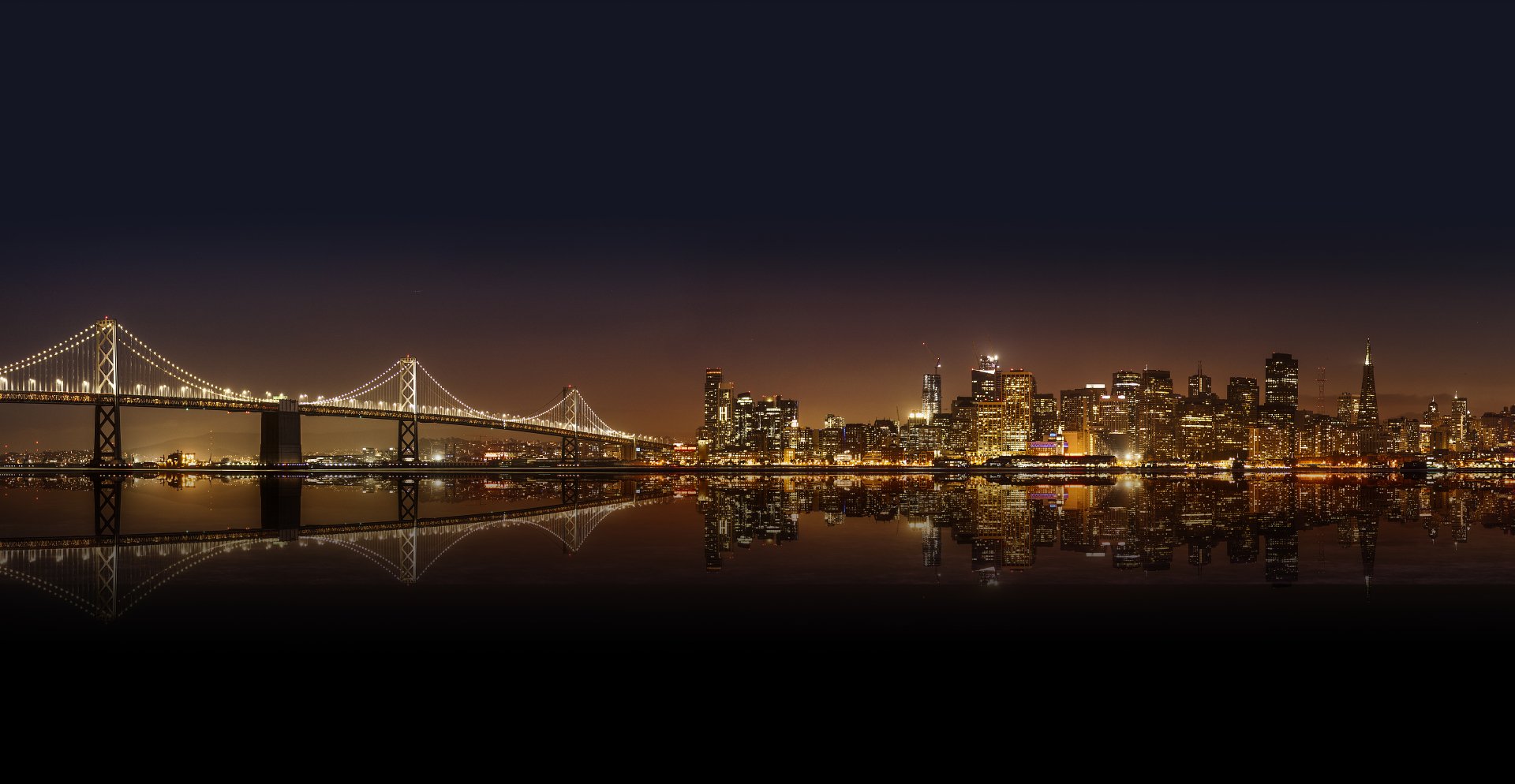 Bay Bridge Skyscraper Light Night Building Reflection City Man Made San Wallpaper