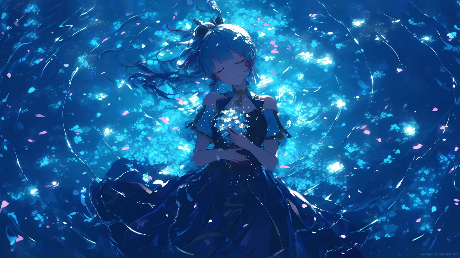 Anime girl with blue hair and blue dress floating in shimmering blue water, surrounded by glowing petals, creating a dreamy and magical live wallpaper