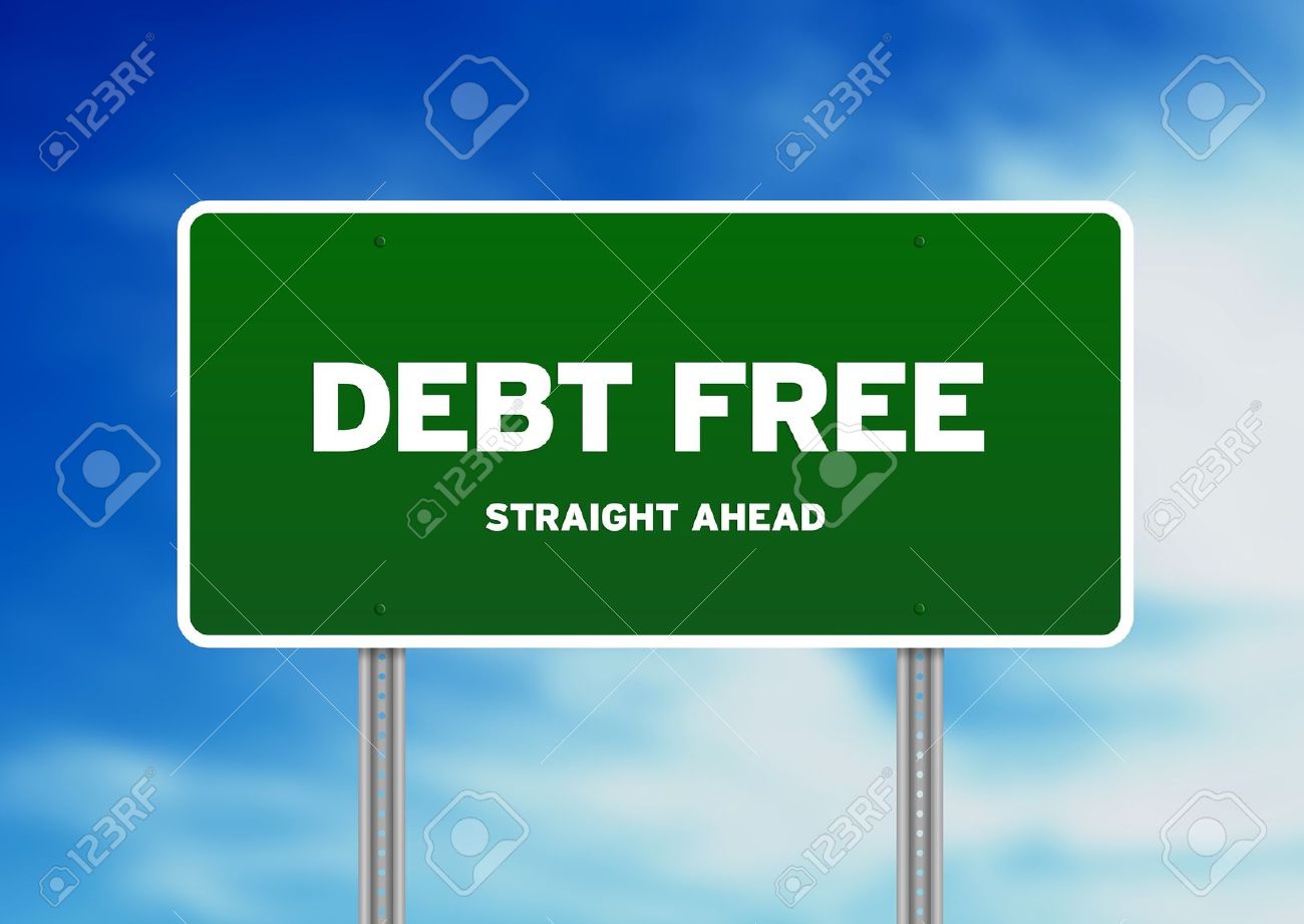 Green Debt Highway Sign On Cloud Background Stock Photo