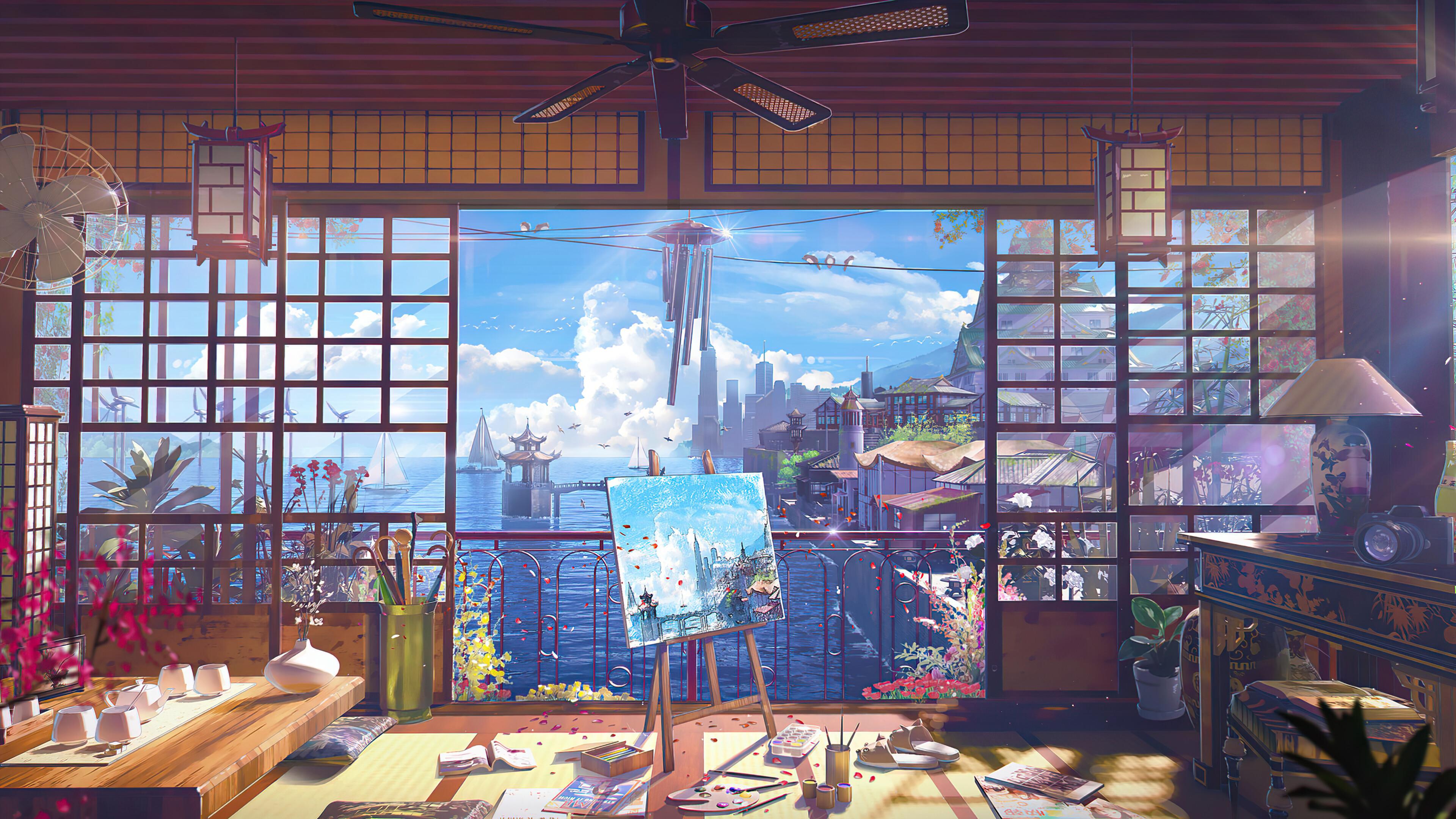 City Sea Anime Scenery Digital Art 4K Wallpaper