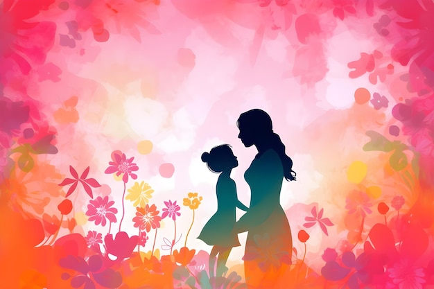 Happy Mothers Day Greeting Card Illustration Silhouette Mom Daughter With Flowers Bright Colors Holiday Family Background Concept Generated Ai Wallpaper