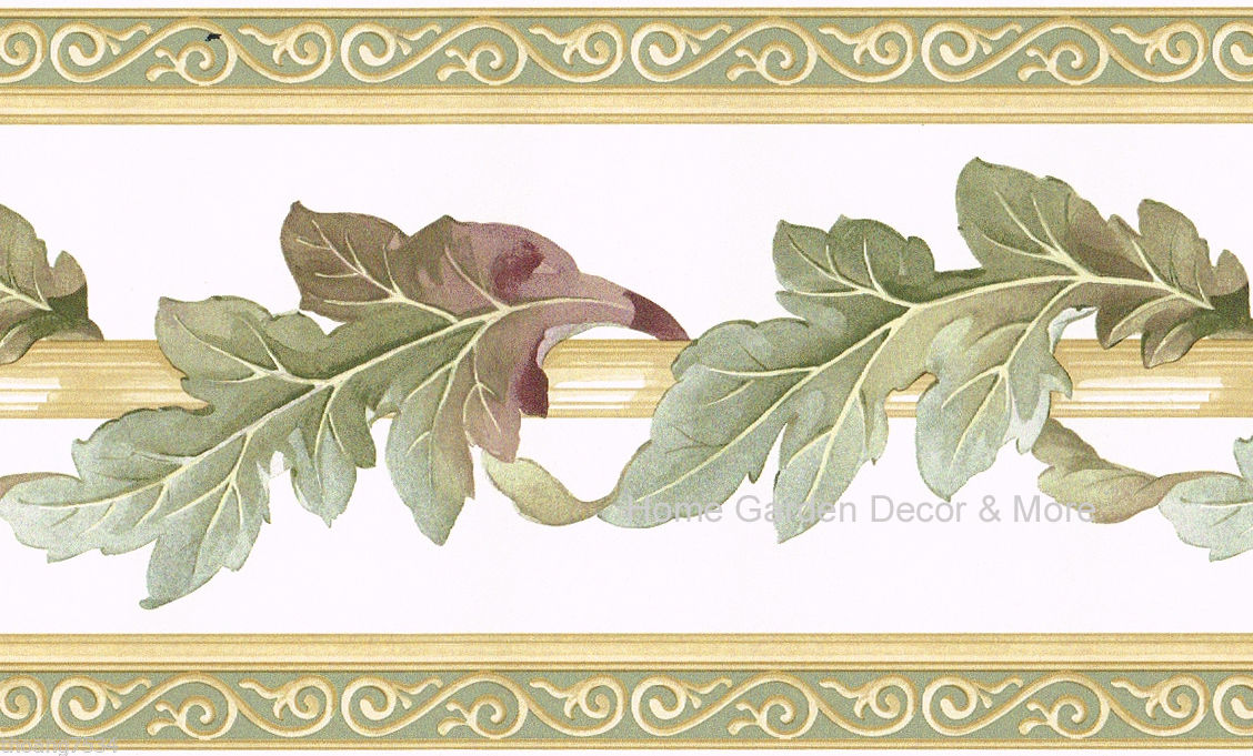 Green Scroll Leaf Leaves Architectural Sage Cream Beige Tan Wall paper