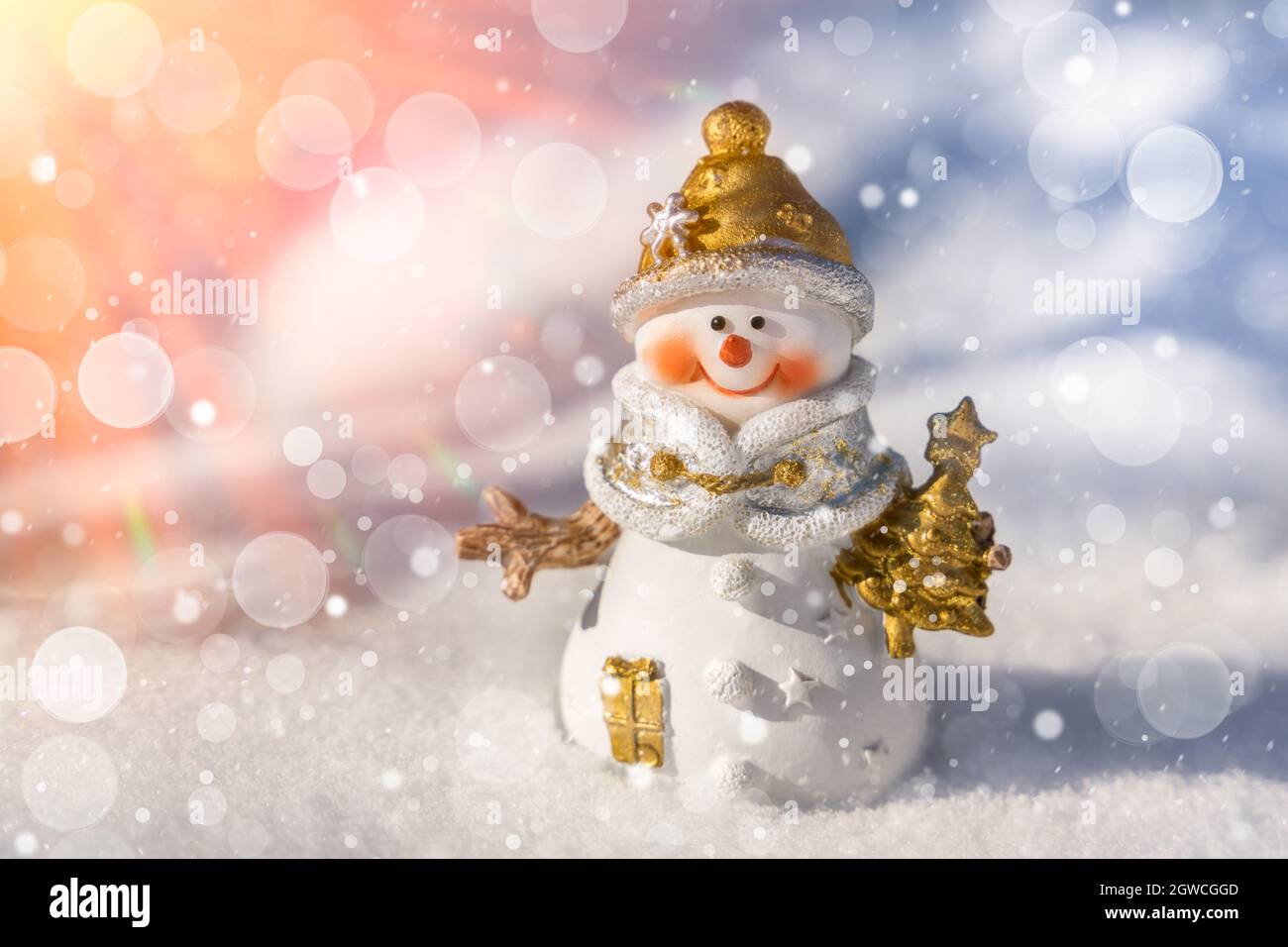 Happy Smiling Snowman Standing In Sunny Winter Christmas Landscape