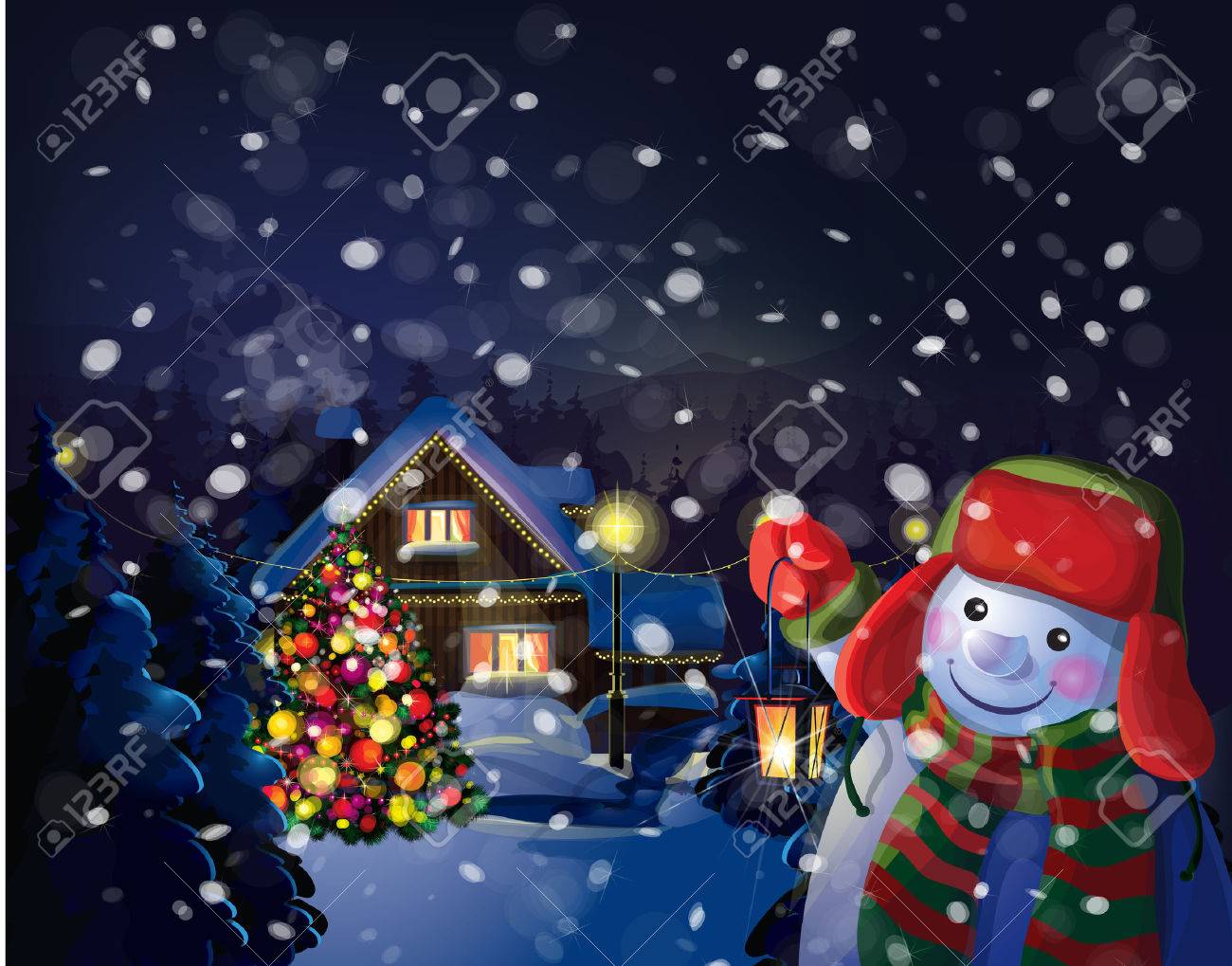 Vector Snowman Holding Lantern On Christmas Scene Background