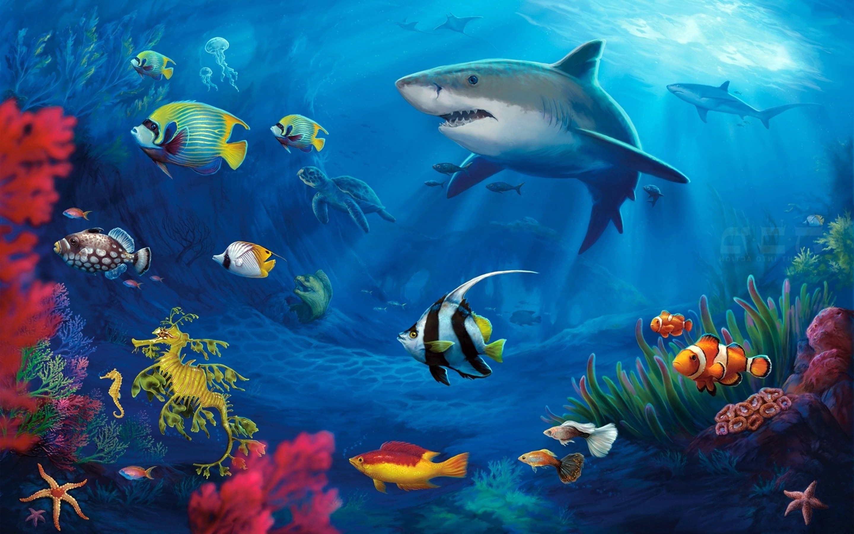 Vibrant underwater scene teeming with diverse marine life, including a majestic shark, colorful fish, a sea turtle, and a leafy seadragon, set against a backdrop of coral reefs and a deep blue ocean