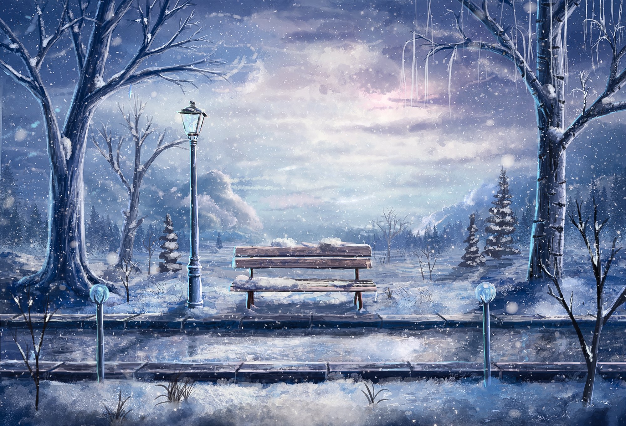 Original Snow Winter Anime Tree Bank Wallpaper