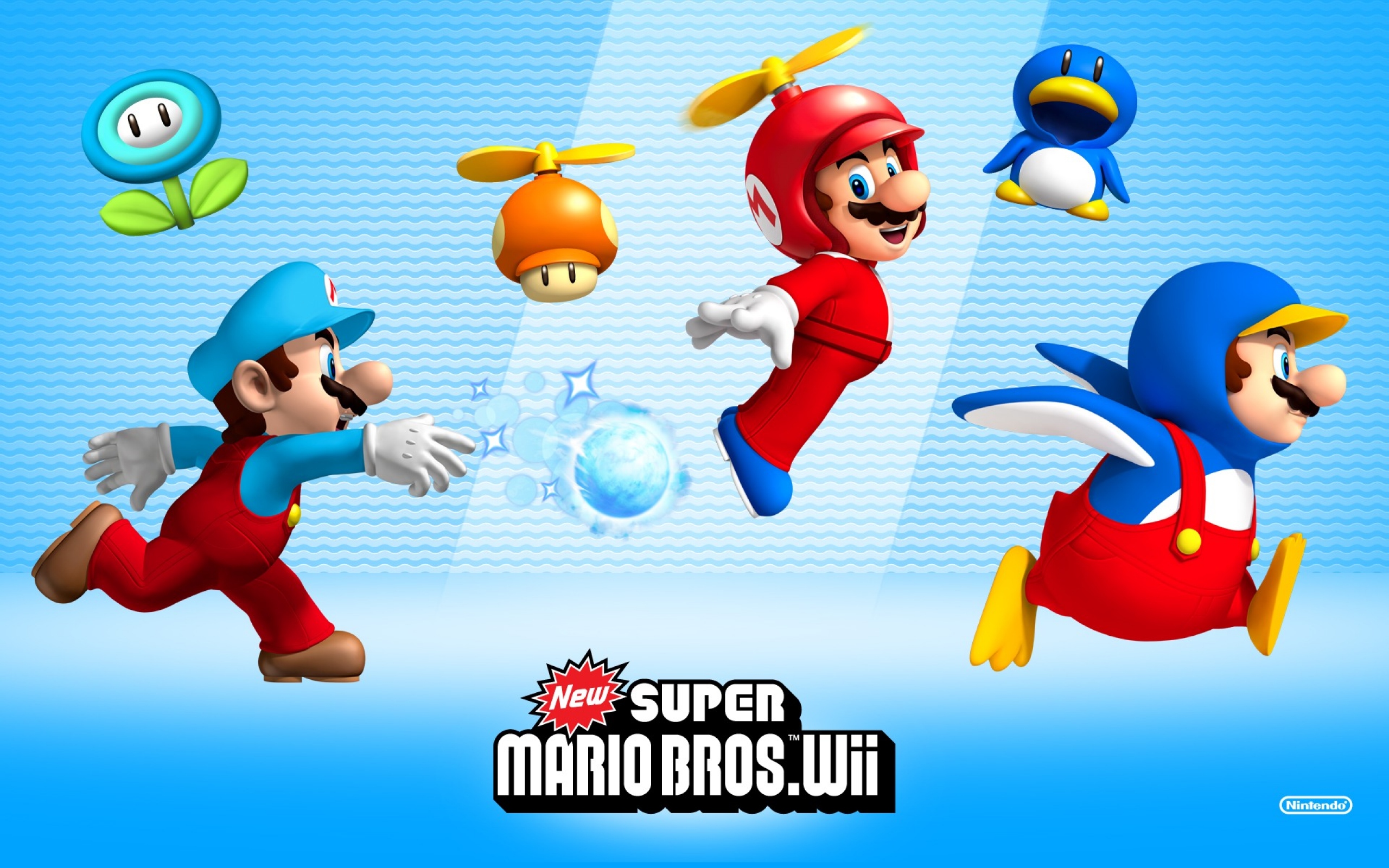 Promotional wallpaper for New Super Mario Bros. Wii, showcasing Mario in various power-ups and poses