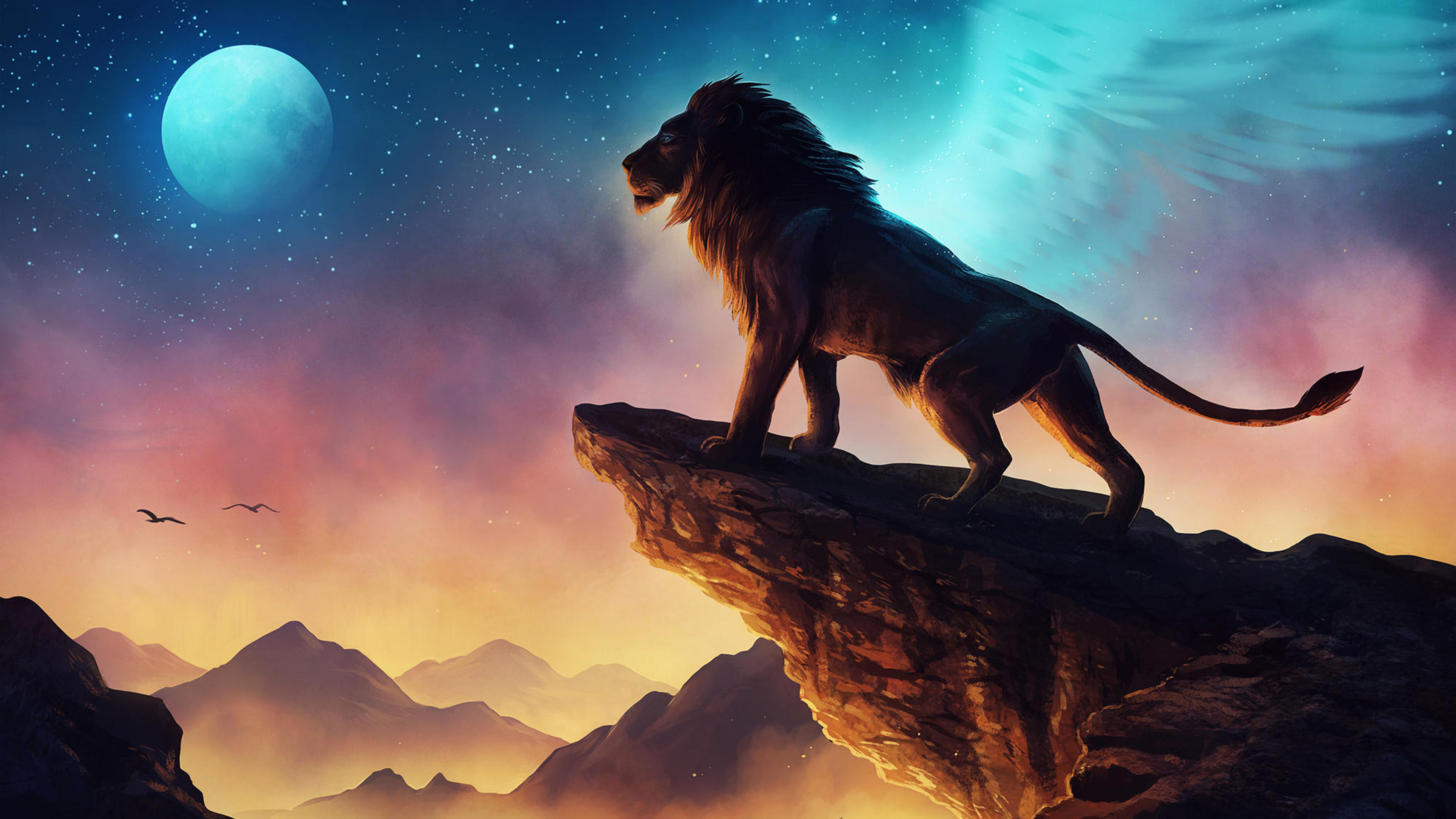 A majestic lion standing on a cliff overlooking a vast landscape, with a large, glowing moon in the background. This 4K wallpaper captures the power and beauty of the king of the jungle