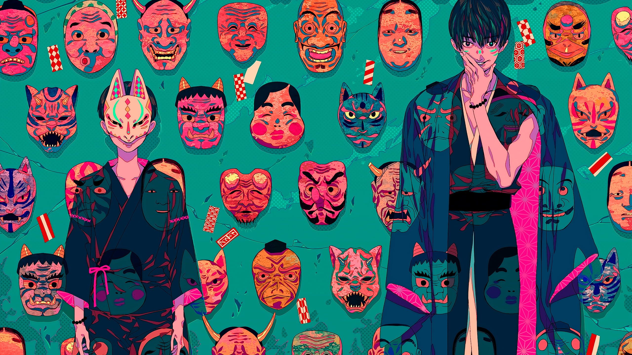 Akiakane Oni Mask Japan Samurai Green Background 2k Wallpaper