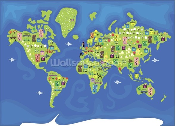Cartoon World Map Wall Mural Wallpaper