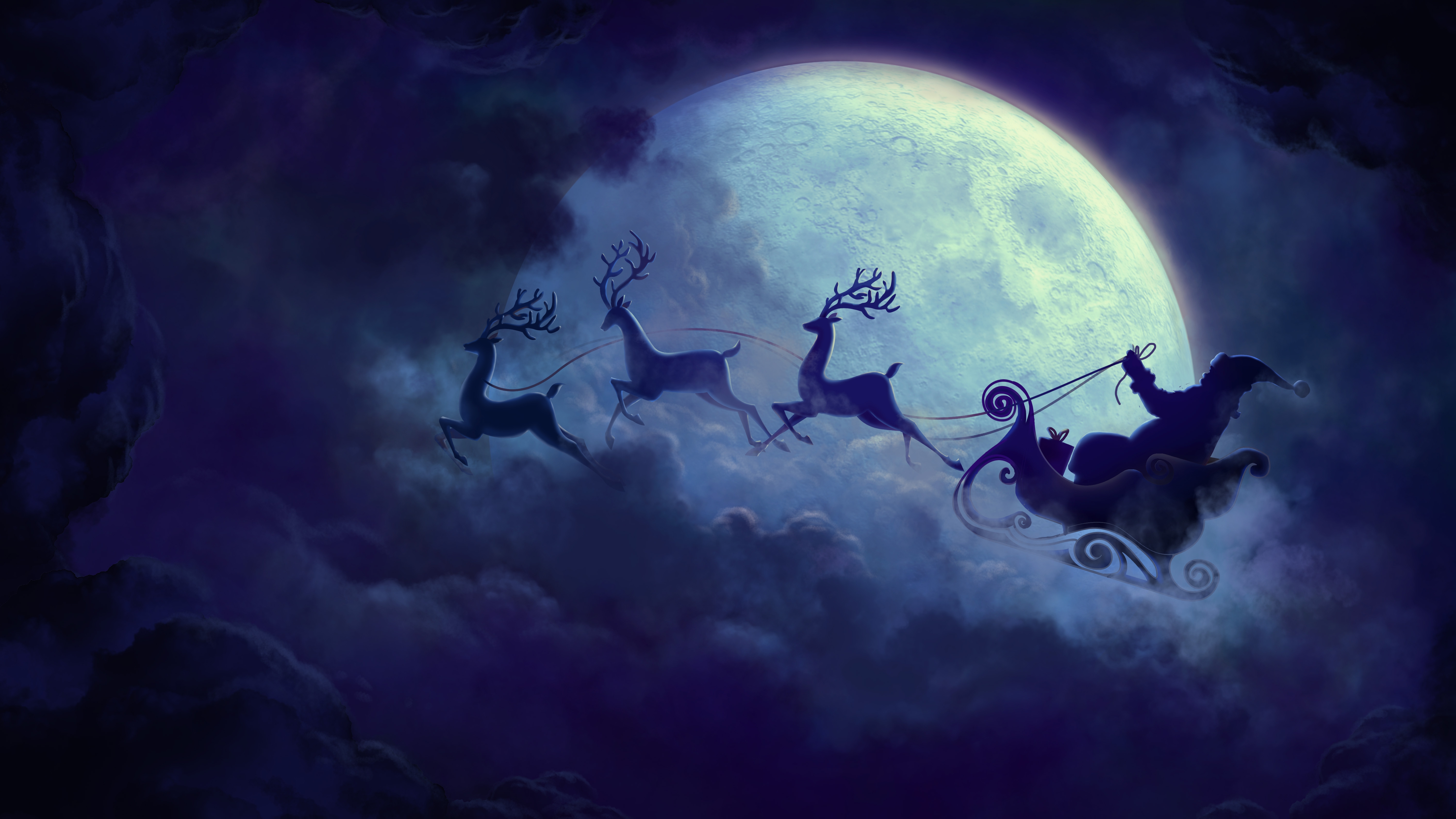 Santa Claus flying his sleigh with reindeer against a full moon on Christmas Eve
