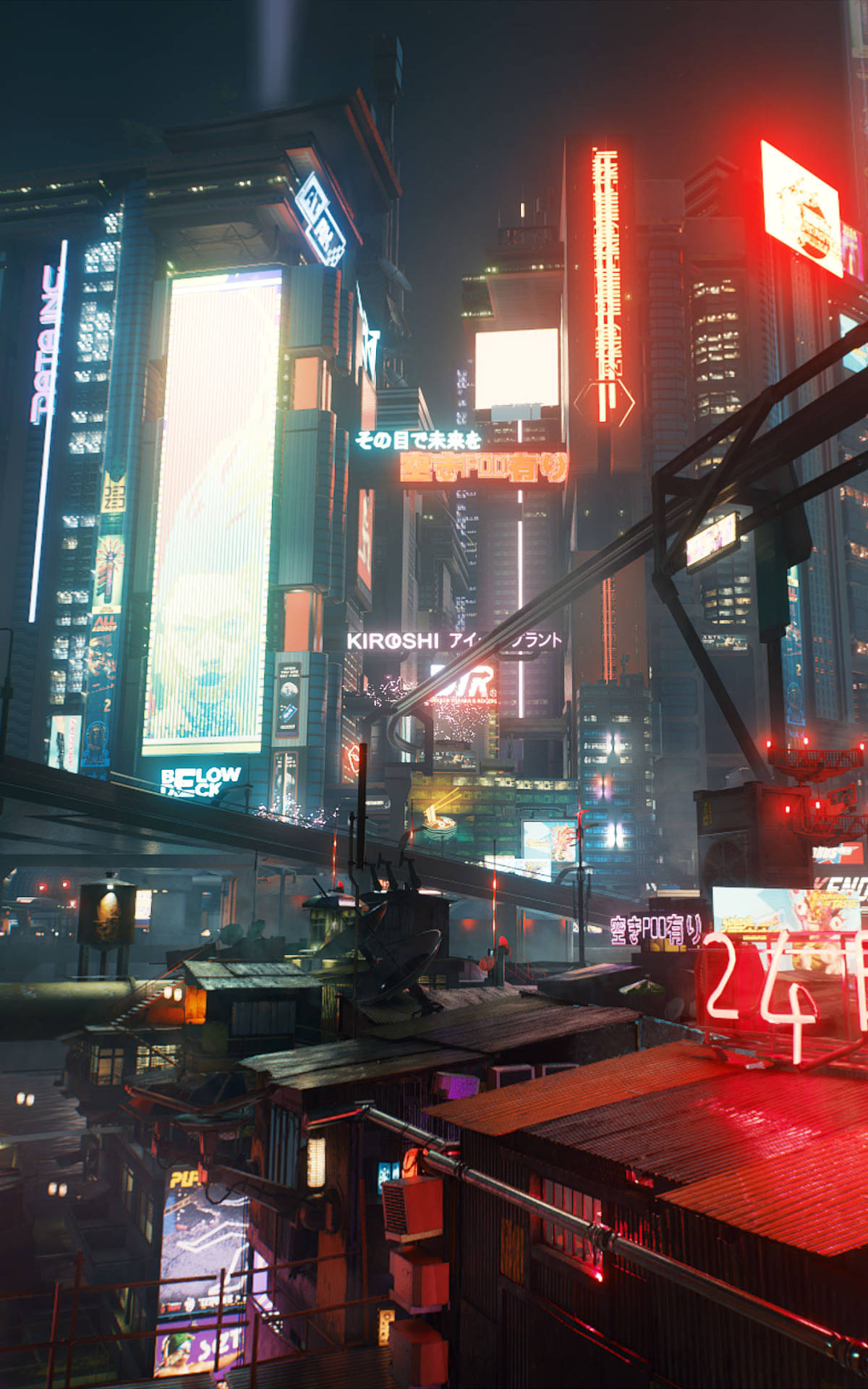 A vibrant cyberpunk cityscape at night, featuring towering neon-lit skyscrapers, bustling streets, and a mix of high-tech and gritty low-rise buildings