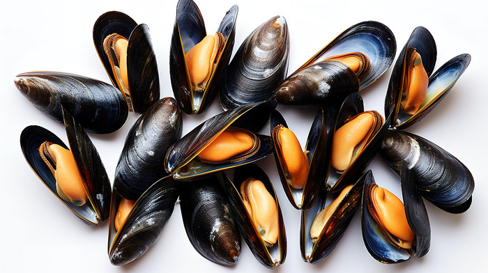 Mussels Top Of Fresh On A Textured White Background Wallpaper