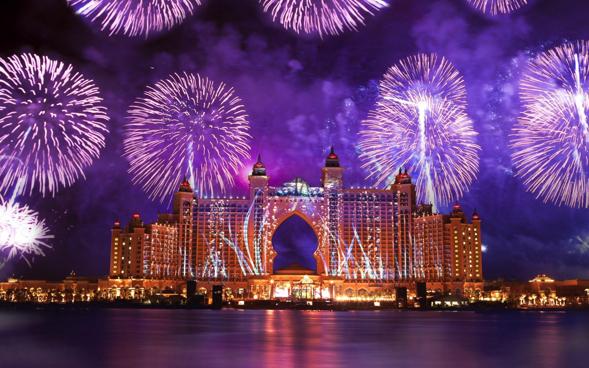 Beautiful Fireworks On The Architectural Creation HD Desktop Wallpaper