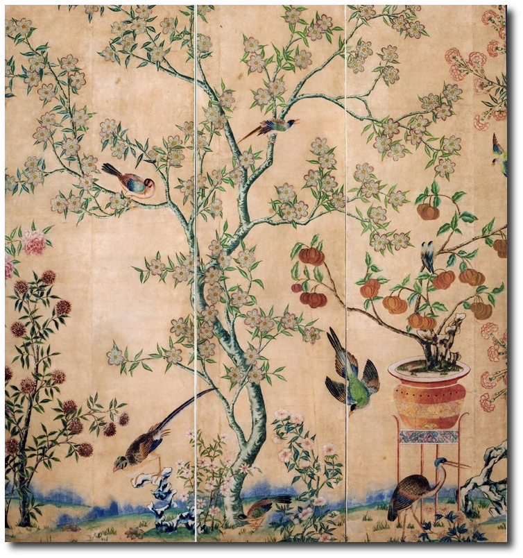 Rare Set Of Chinese Painted Wallpaper Formerly Hung In Colonial