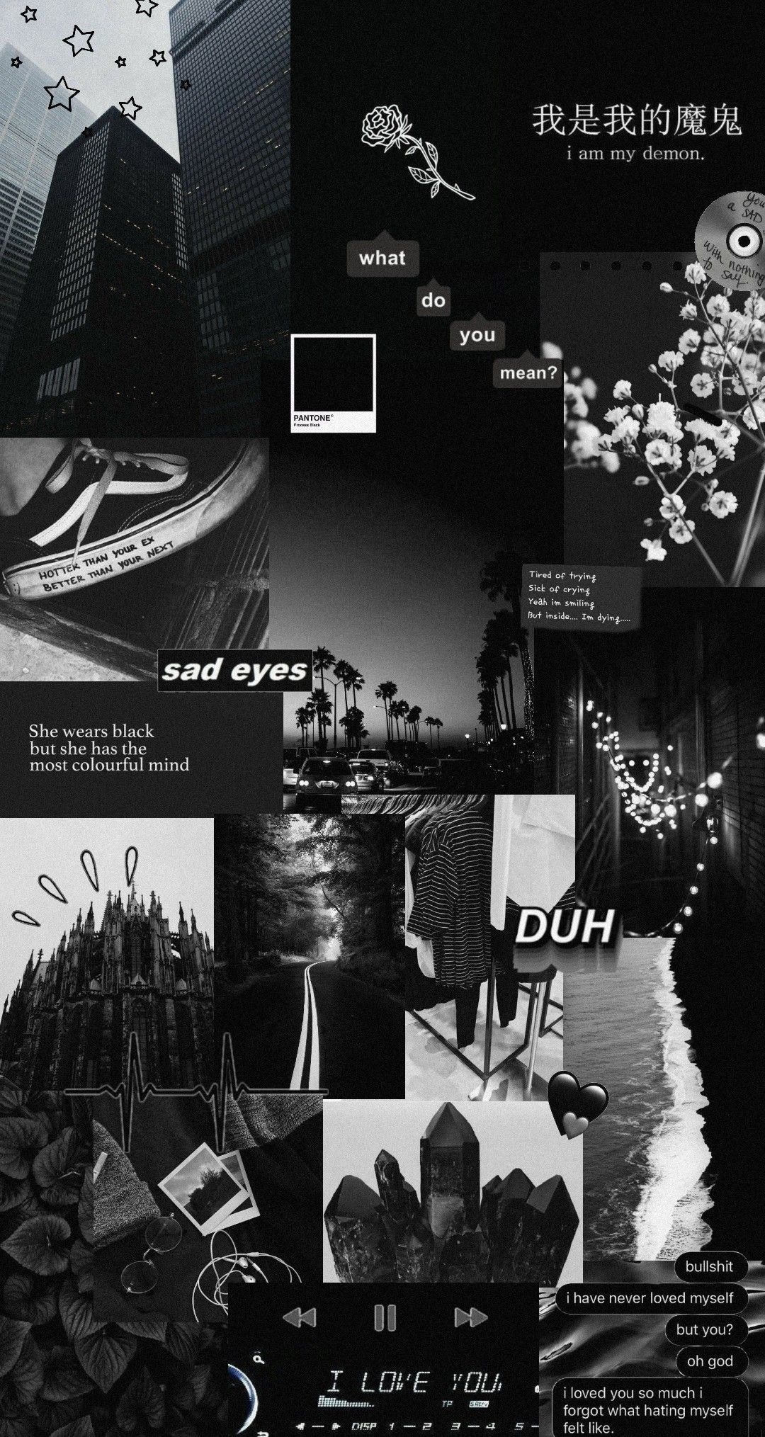 A black aesthetic collage wallpaper featuring various images and text elements with themes of sadness, self-love, and resilience