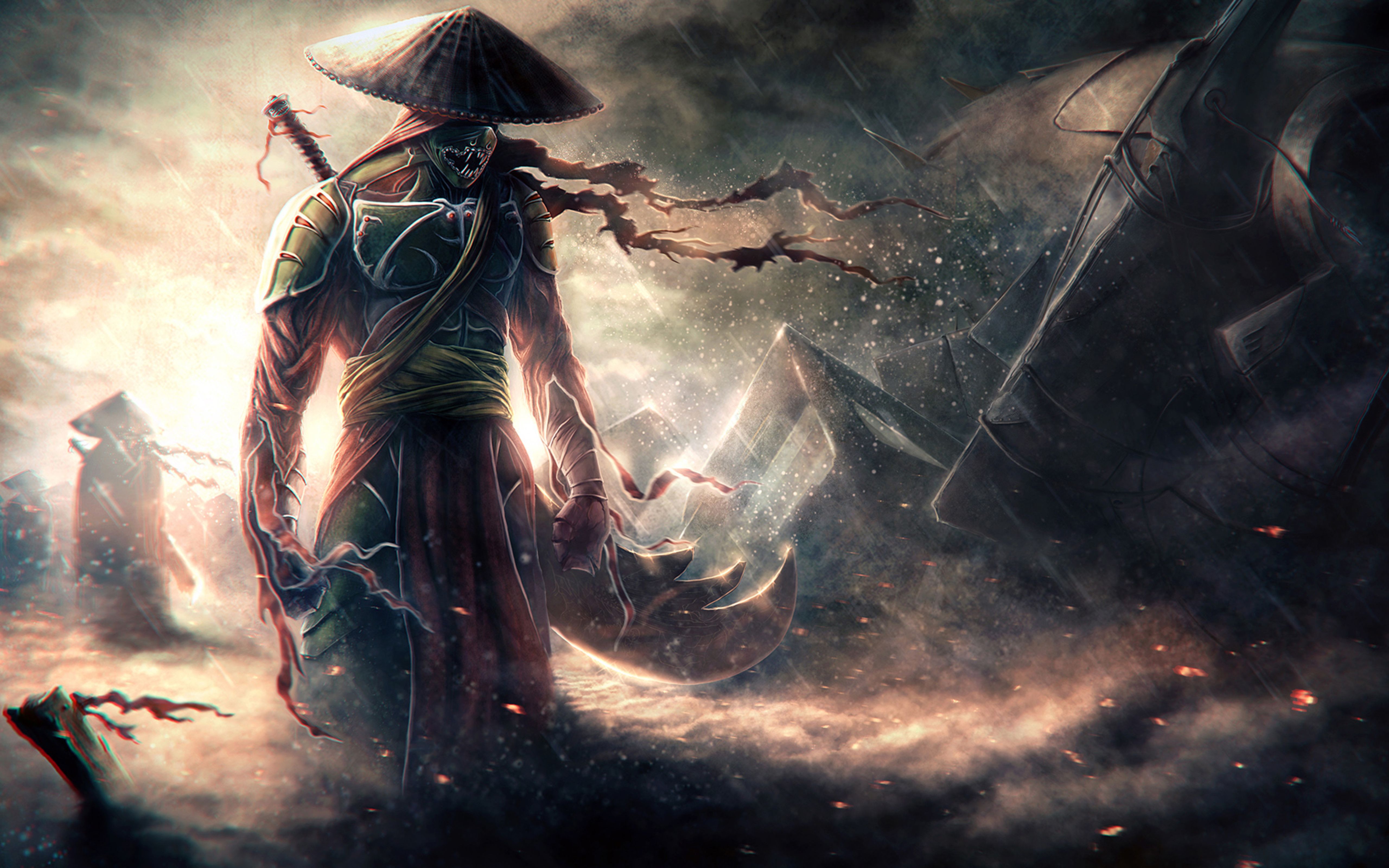 A fierce samurai warrior, clad in traditional garb and a menacing mask, stands amidst a stormy battlefield, his sword radiating an ethereal glow. This powerful image embodies the spirit of the samurai
