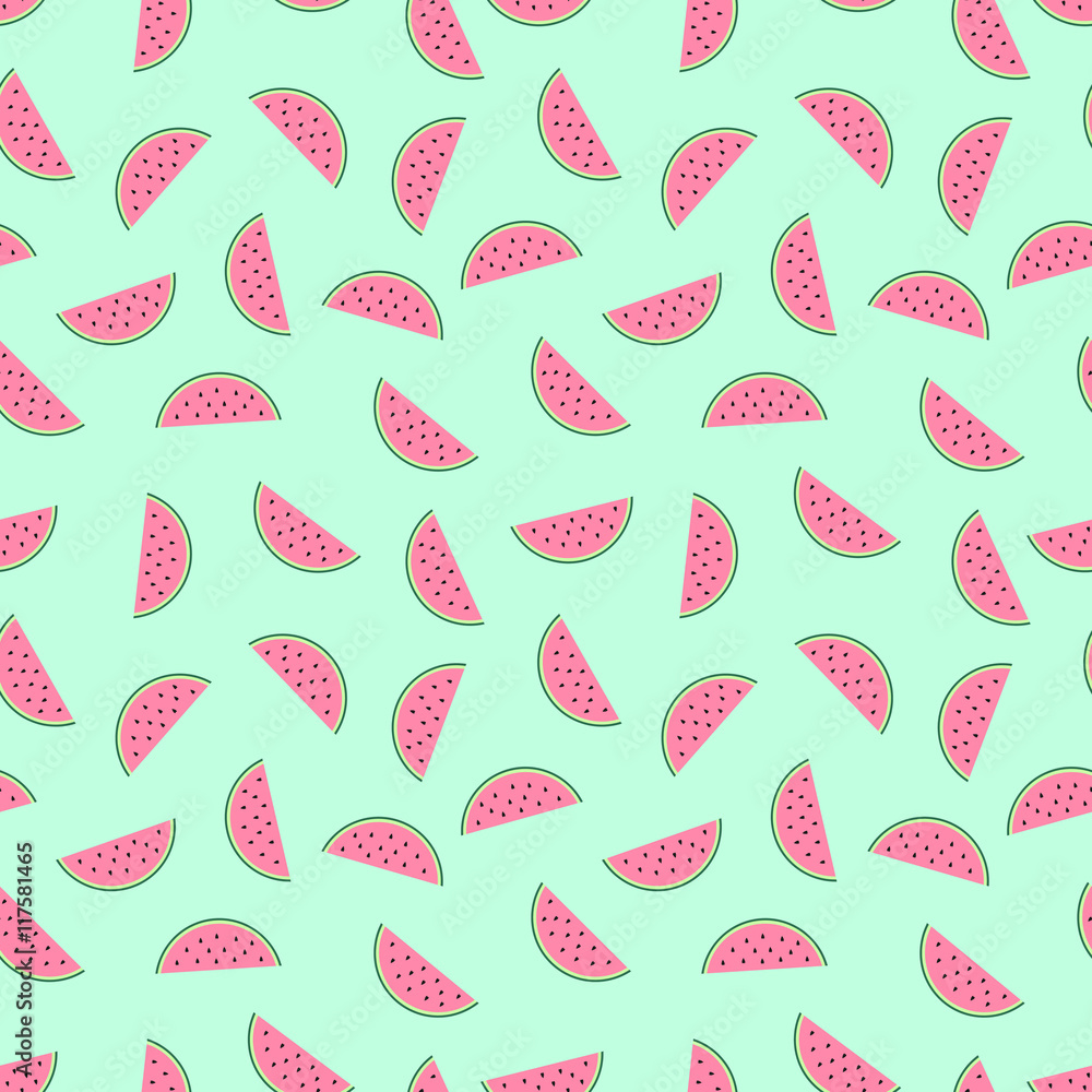 Pink Watermelon Slices Seamless Pattern On Mint Green Background
