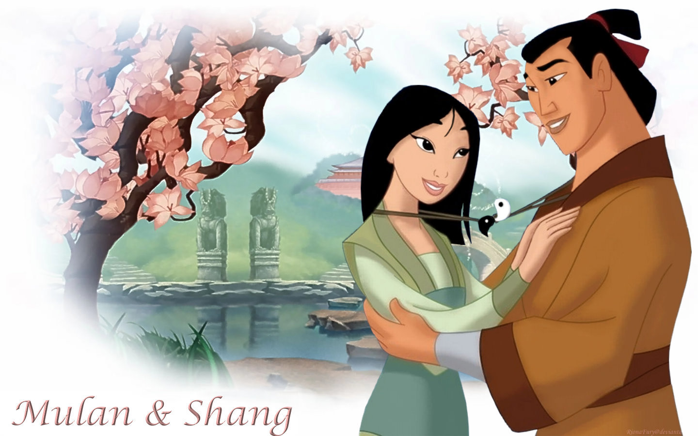 Mulan and Shang embrace in a romantic scene from Disney's Mulan, with a backdrop of cherry blossoms and a tranquil pond
