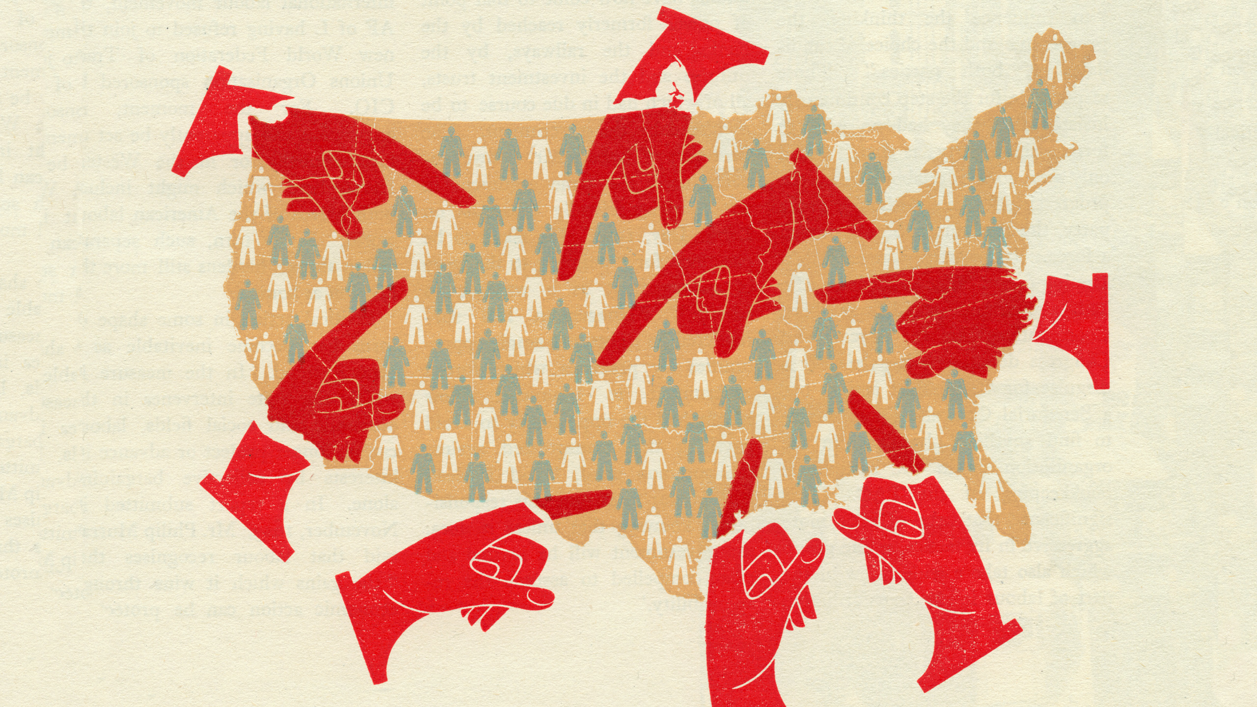 A graphic representation of the United States, filled with small figures representing people. Red hands point inwards from all directions, suggesting blame or responsibility within the population