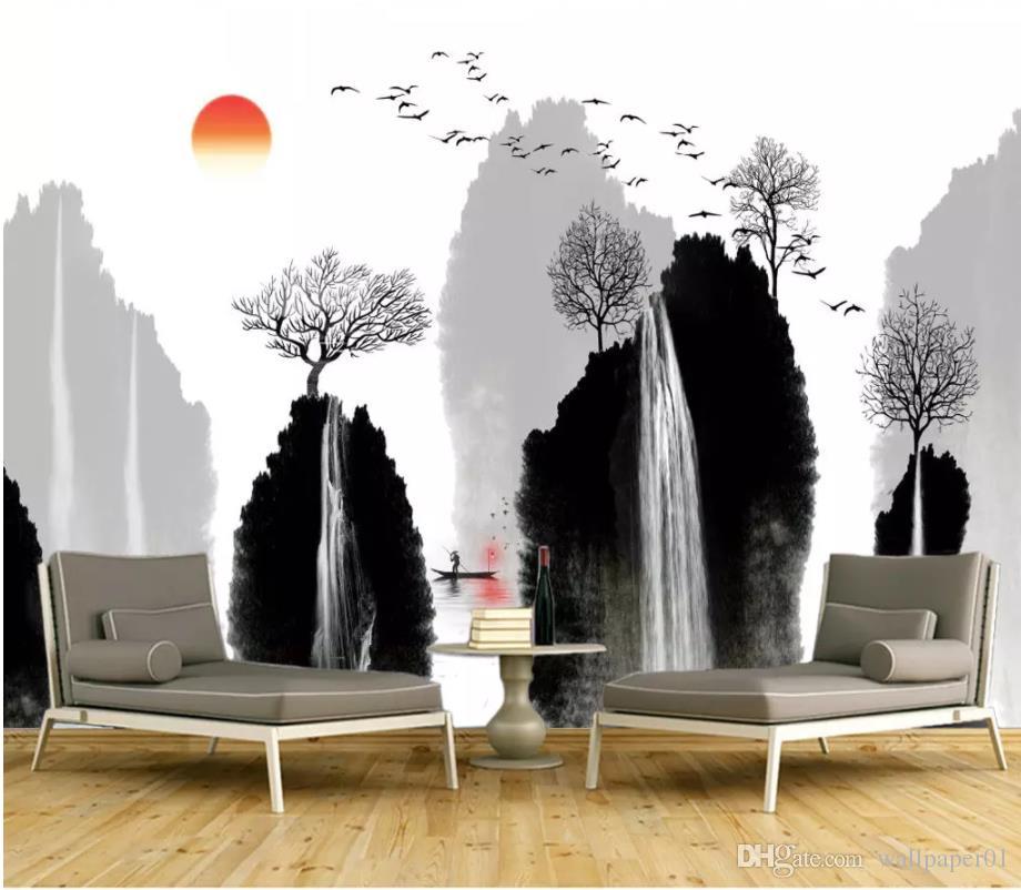 3d Bathroom Wallpaper New Chinese Ink Landscape Waterfall Tv