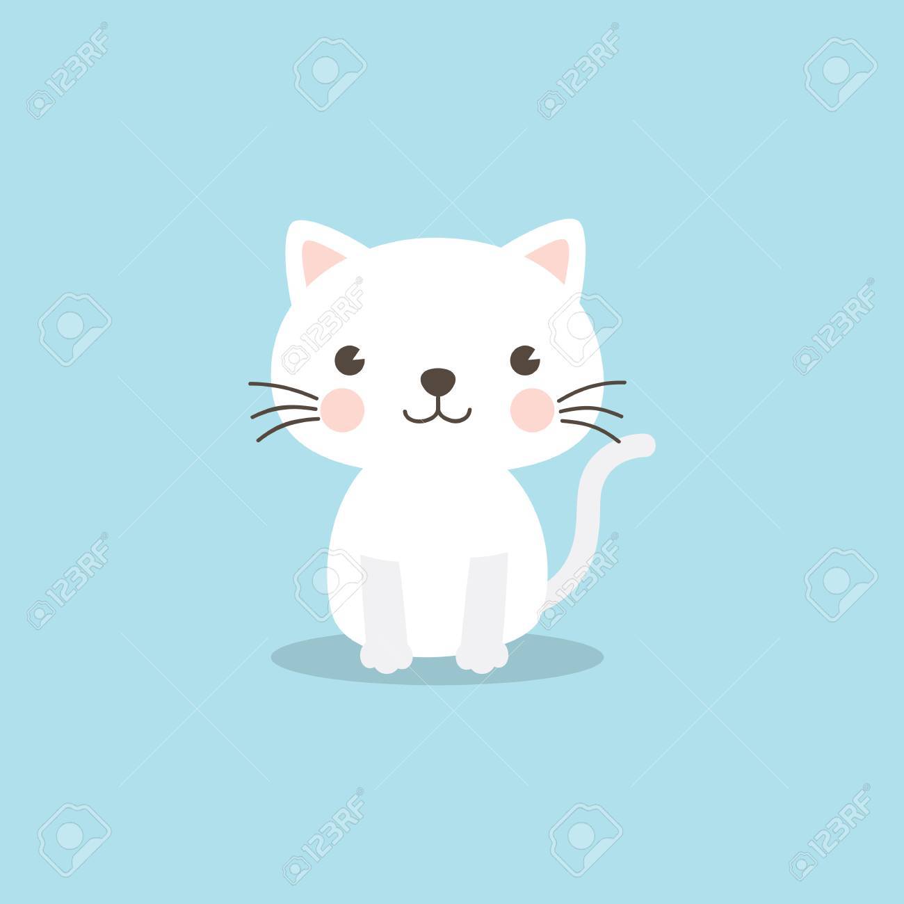 Cat Character A Cute White Kitten On Sky Blue Background Funny