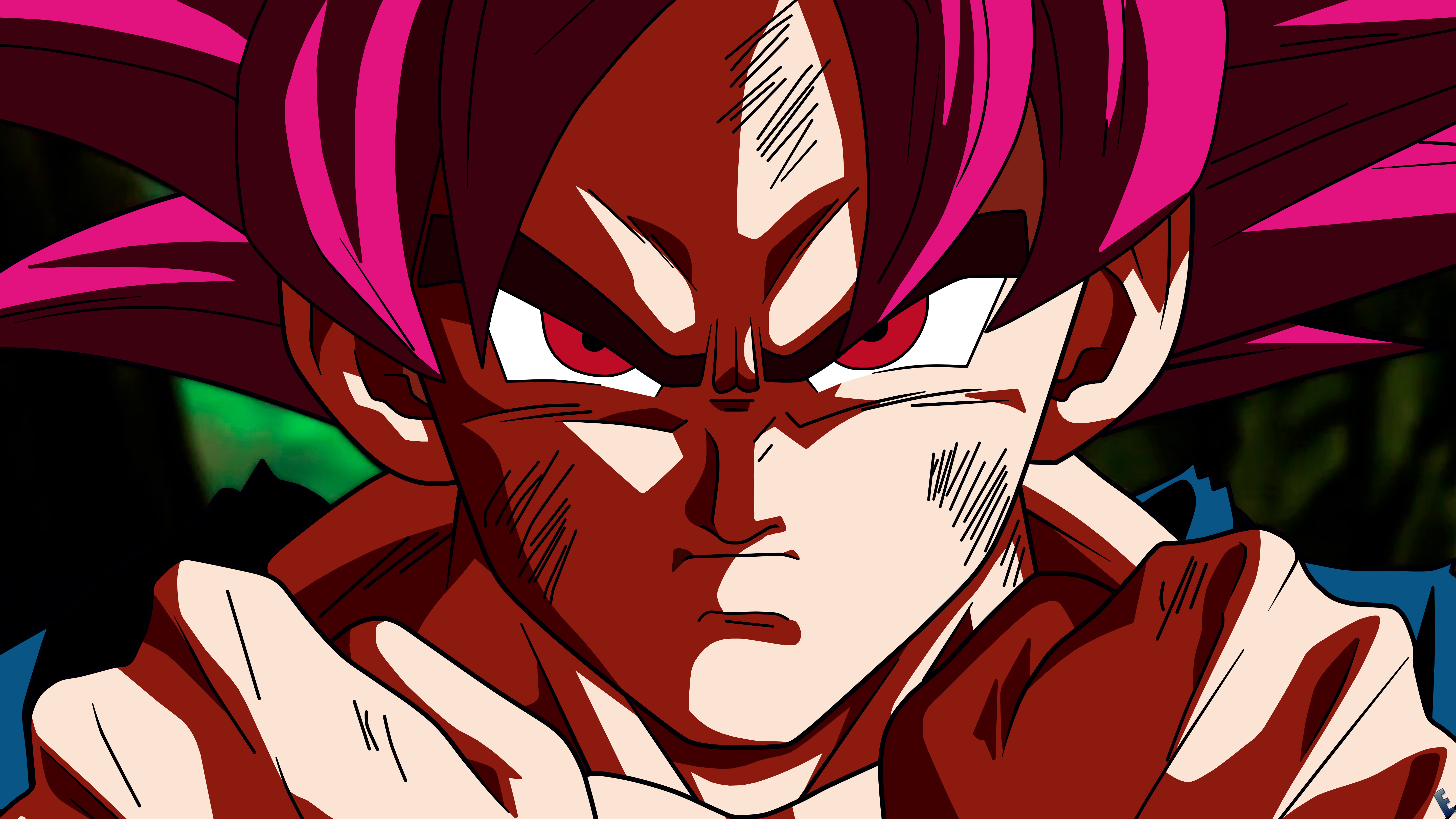 Close-up of Super Saiyan Rose Goku with intense red eyes and pink hair, showcasing a powerful and dramatic scene from Dragon Ball Z