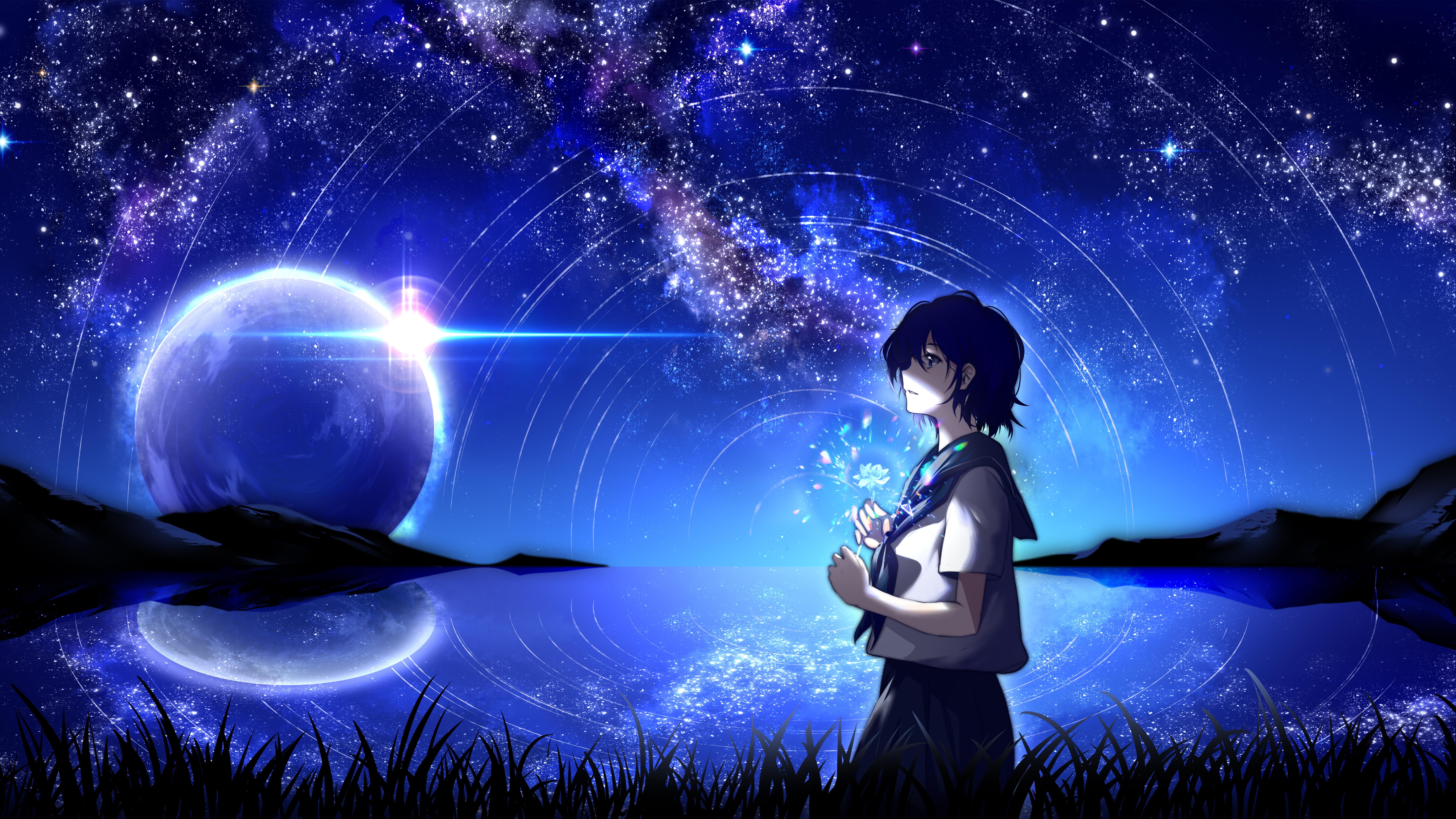 8k Anime School Girl Night Moon Lake Scenery Wallpaper 2800g